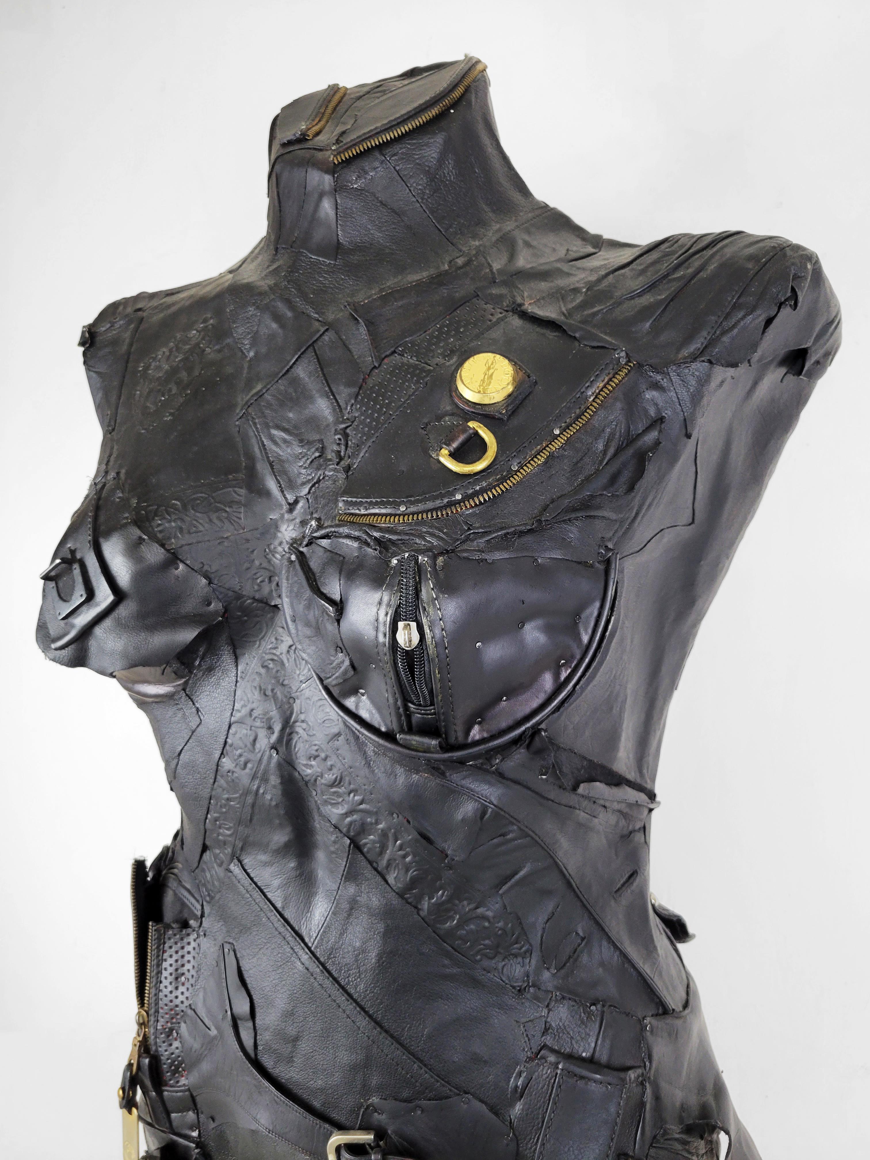 Feminist Contemporary Black/Silver Leather Metal Torso Sculpture - Defender 696 For Sale 4