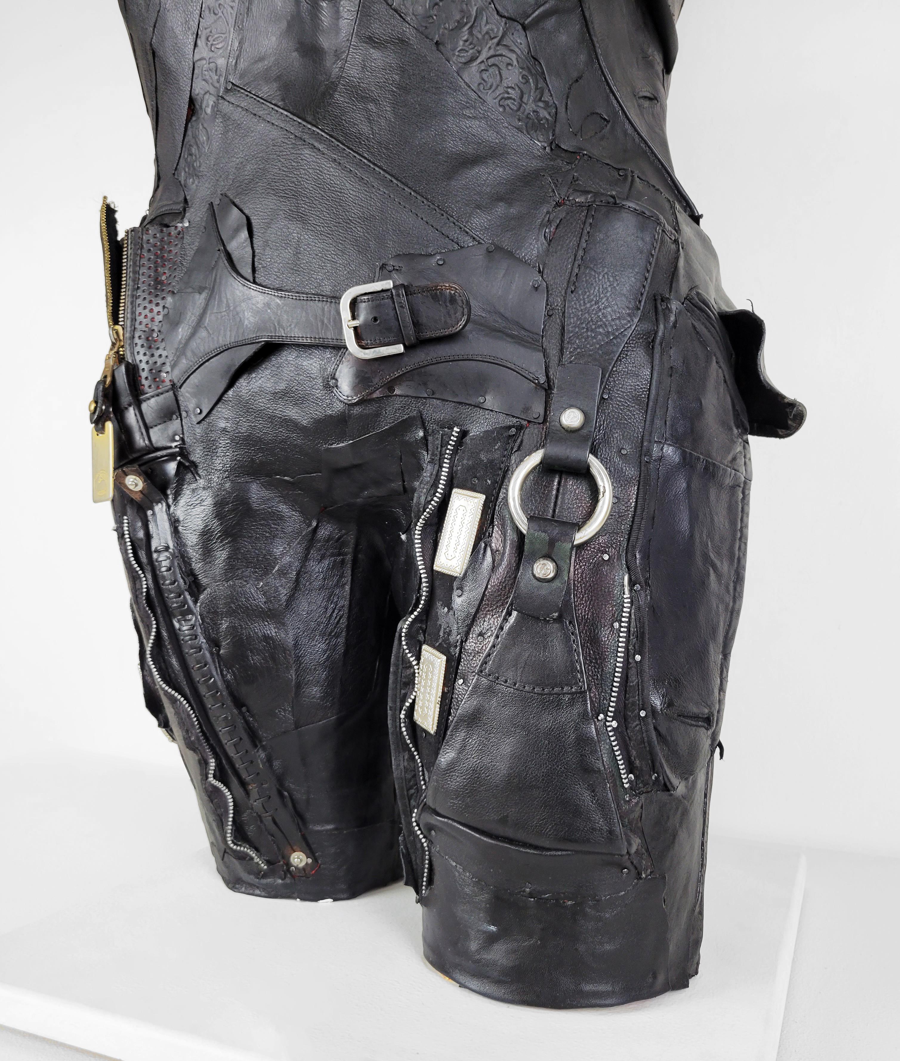 Feminist Contemporary Black/Silver Leather Metal Torso Sculpture - Defender 696 For Sale 5
