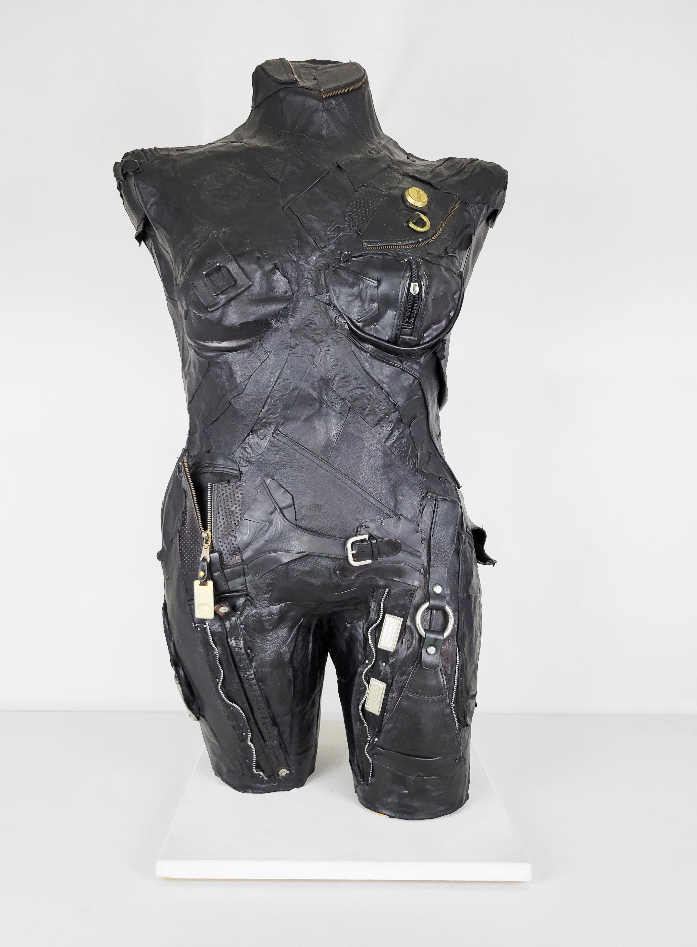 Linda Stein Figurative Sculpture - Feminist Contemporary Black/Silver Leather Metal Torso Sculpture - Defender 696