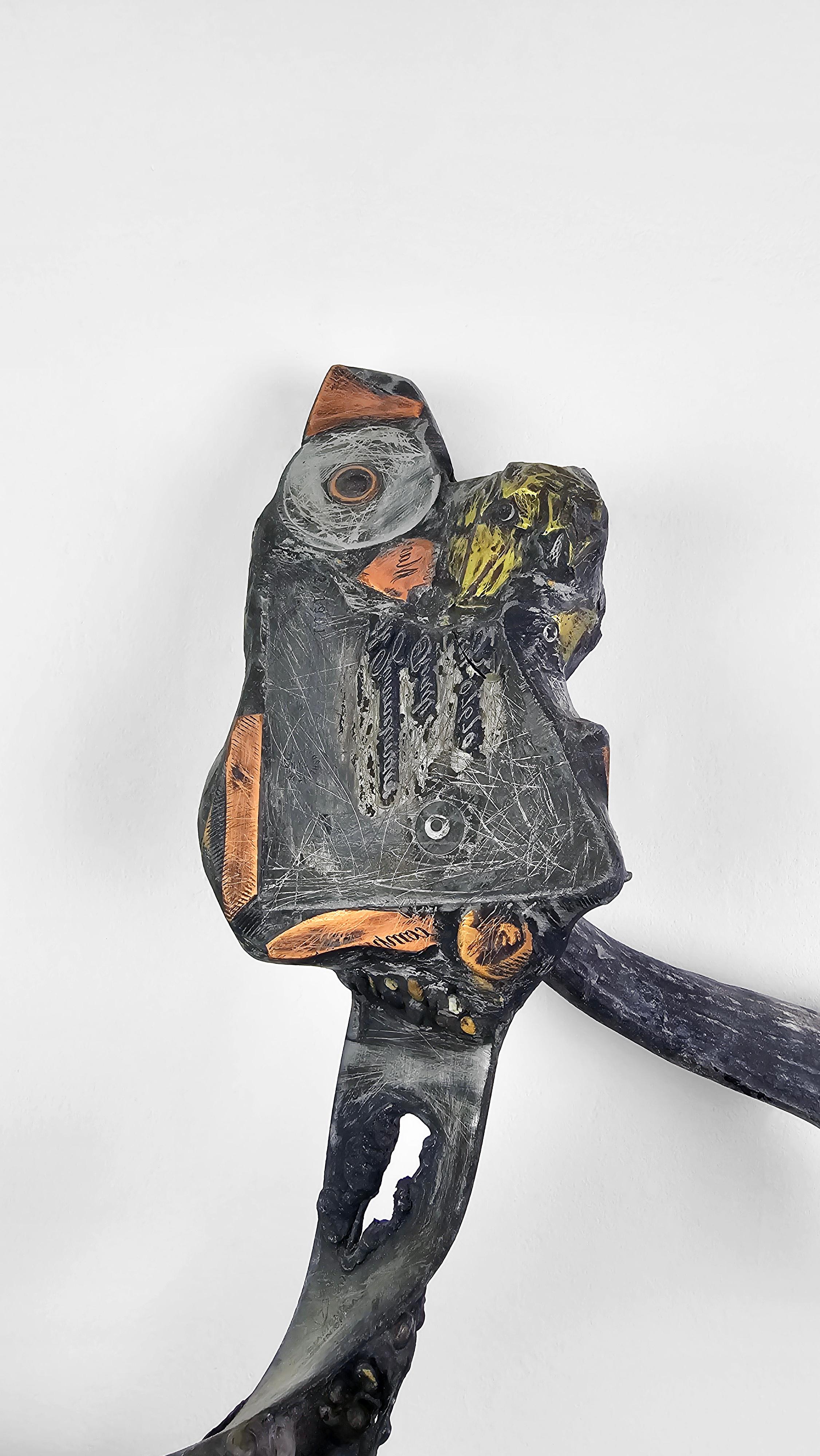 Division 233 - Mixed Media Metal Wood Bone Stone Contemporary Art Wall Sculpture - Marron Still-Life Sculpture par Linda Stein
