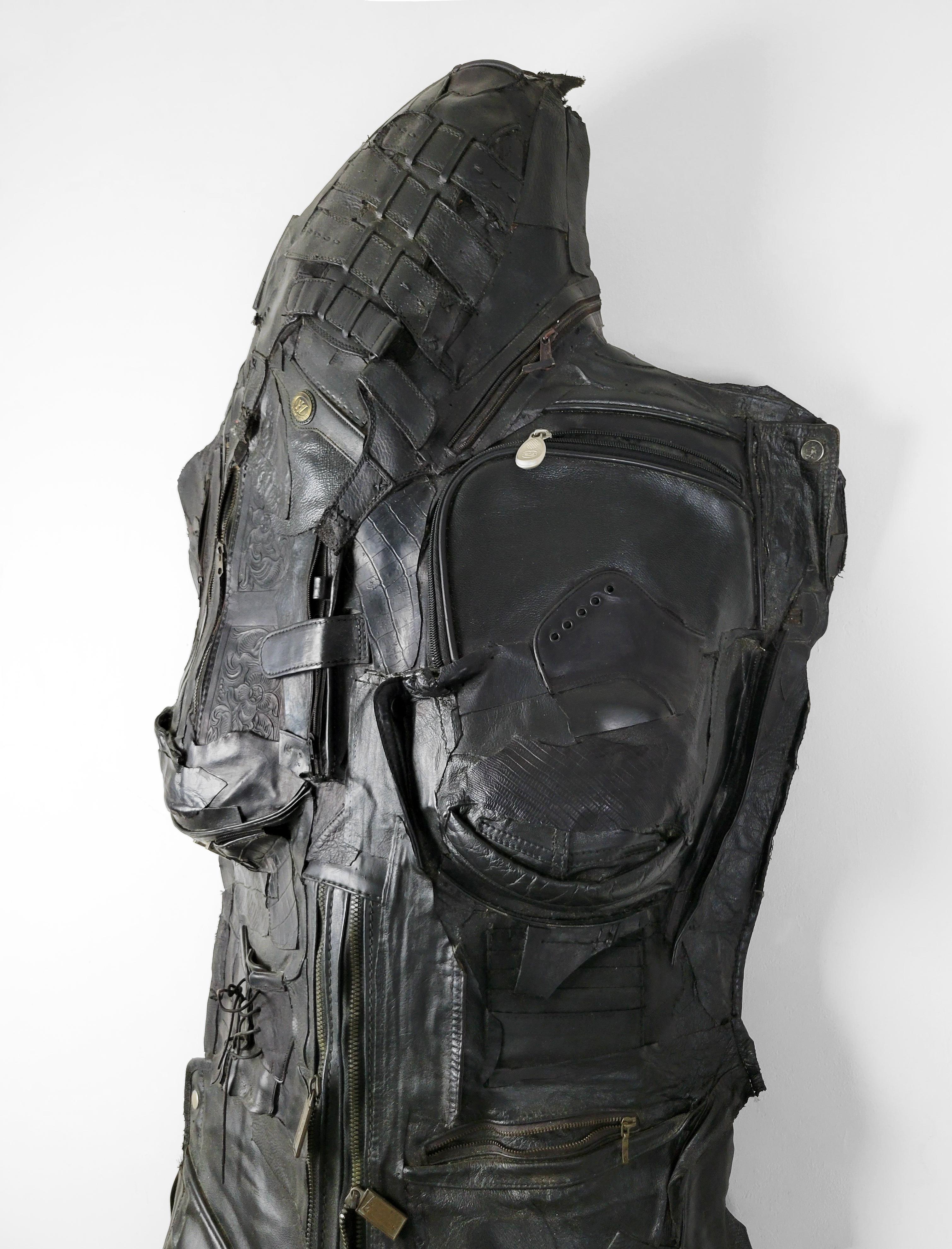 Feminist Contemporary Black Leather Metal Figurative Wall Sculpture Guardian 697 For Sale 2