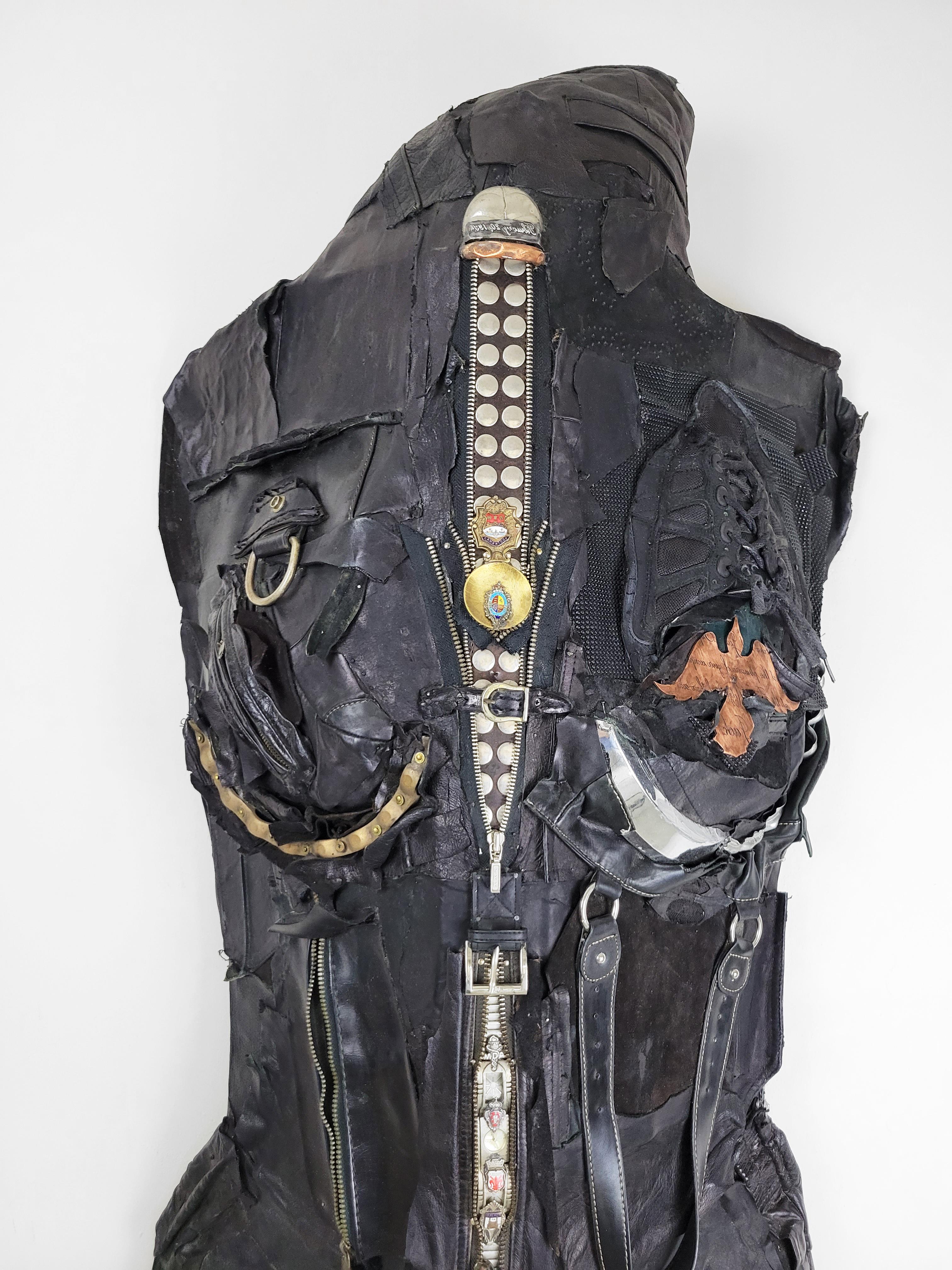 Linda Stein,  Honor Guard 688 - Feminist Contemporary Black Leather Metal Wall Sculpture 

Linda Stein started her Knights of Protection series after she was forced to evacuate her New York downtown studio for a year post-9/11. Stein’s Knights