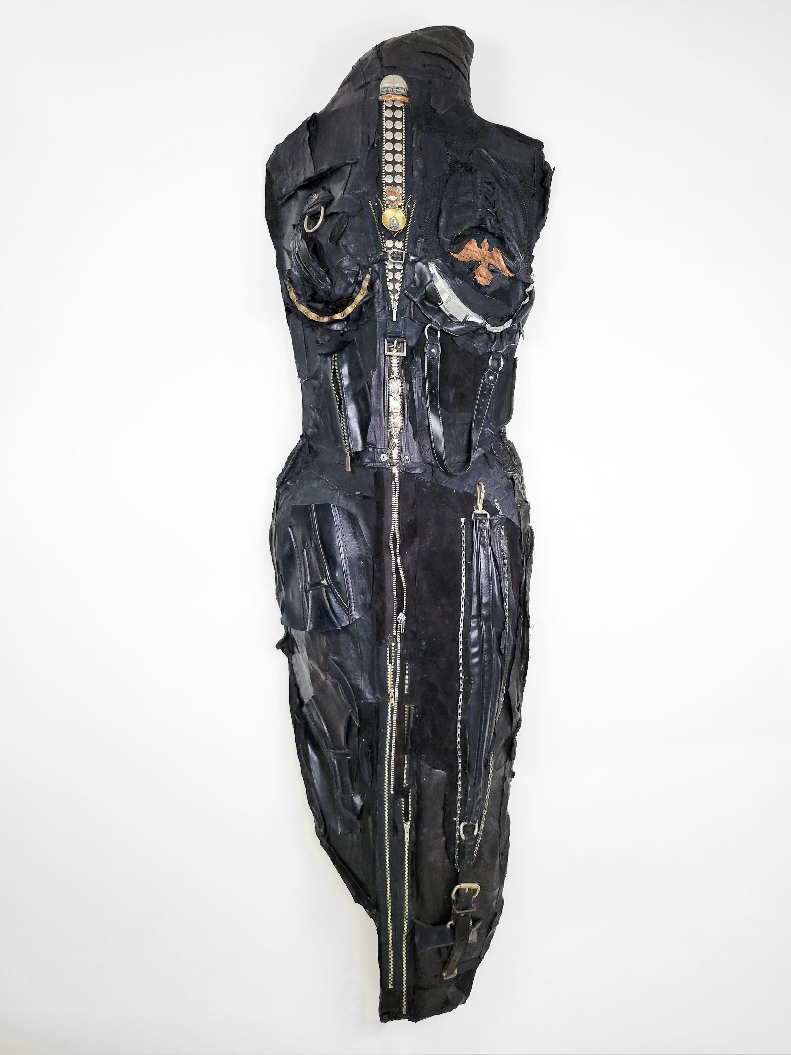 Linda Stein Figurative Sculpture - Feminist Contemporary Black Leather Metal Wall Sculpture - Honor Guard 688