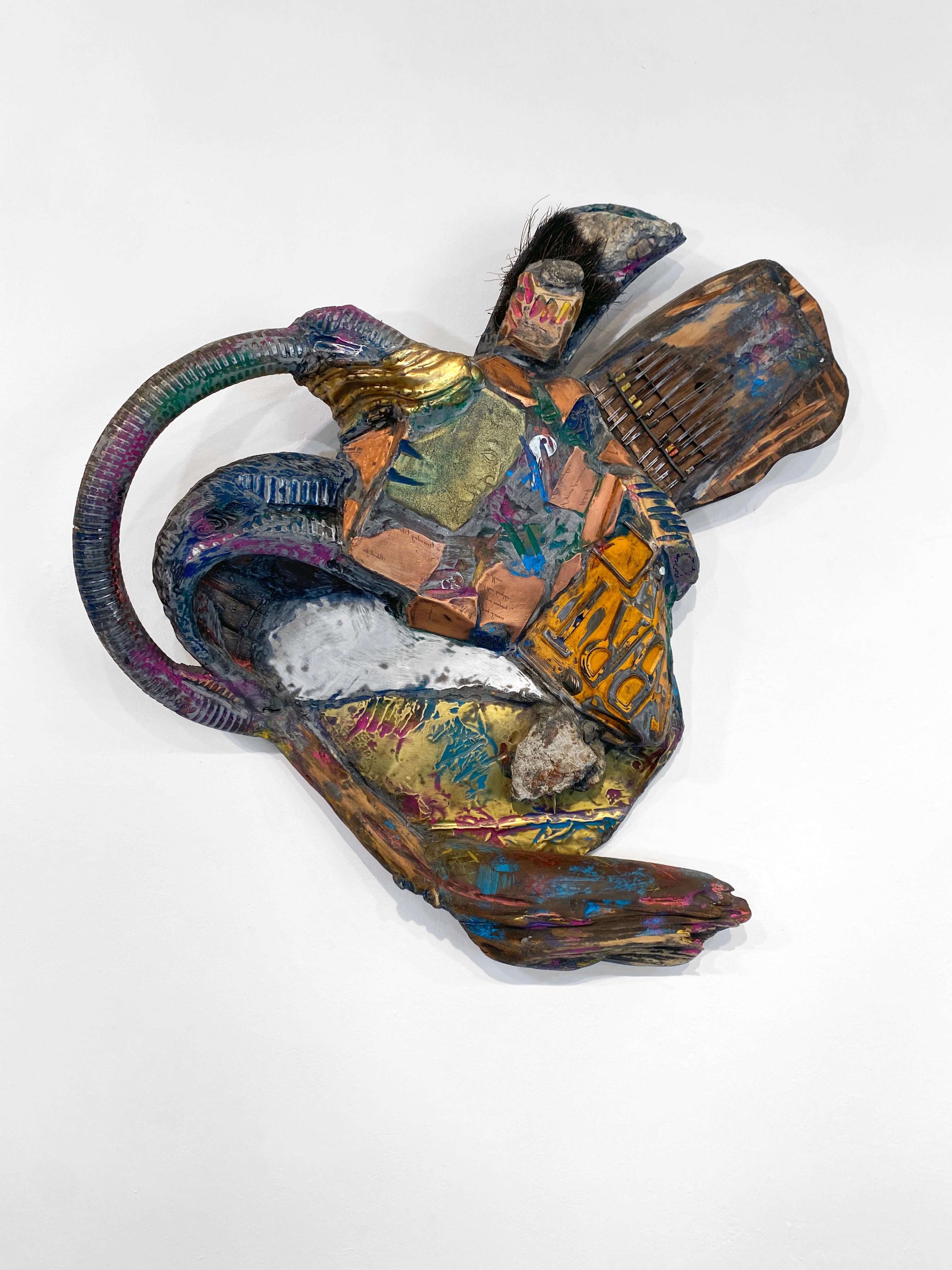 Linda Stein Abstract Sculpture - Pluck and Play 355 -Mixed Media Metal Wood Stone Contemporary Art Wall Sculpture