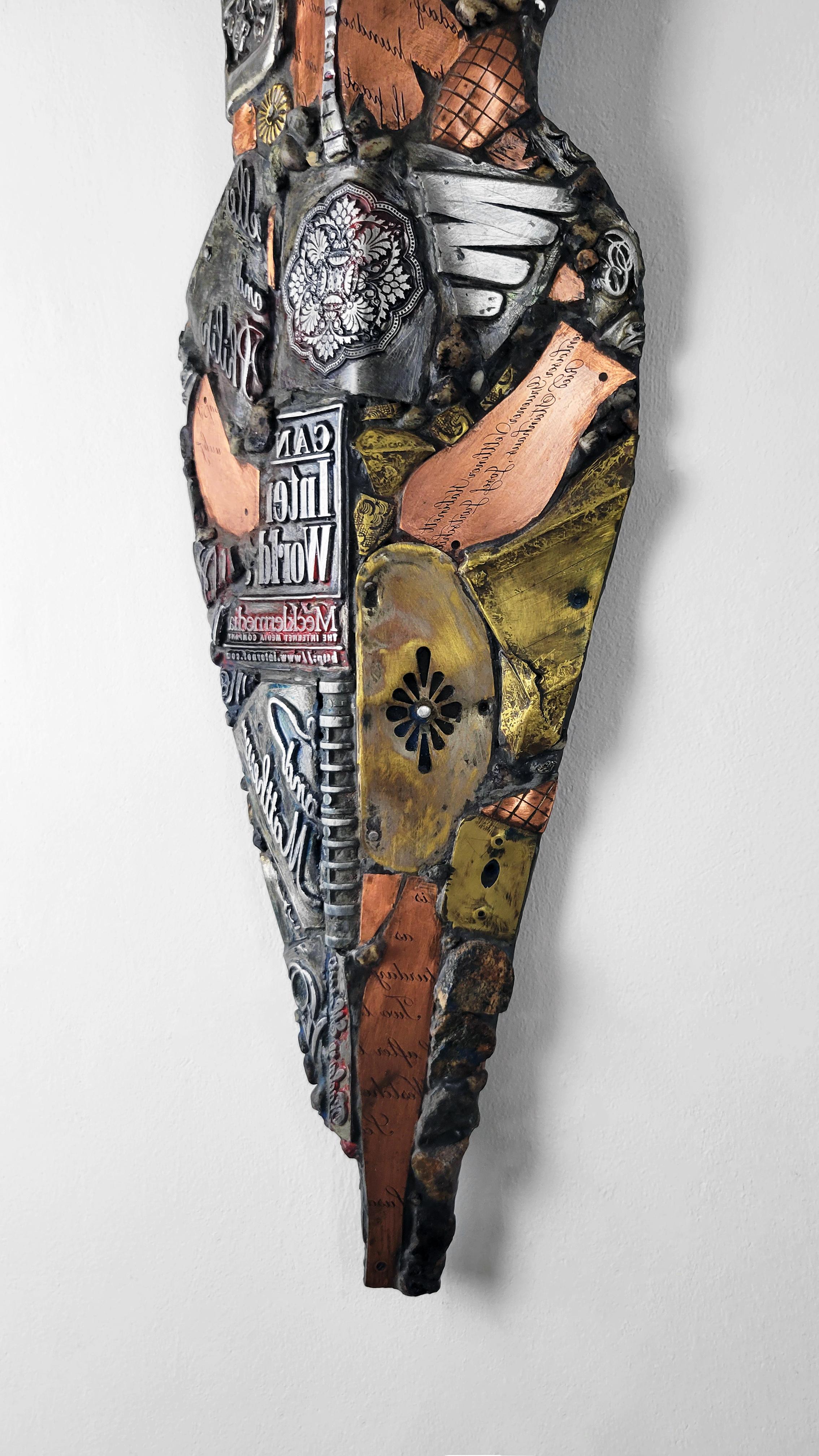 Linda Stein, Heroic Vision 561 -Contemporary Mixed Media Metallic Wall Sculpture For Sale 4