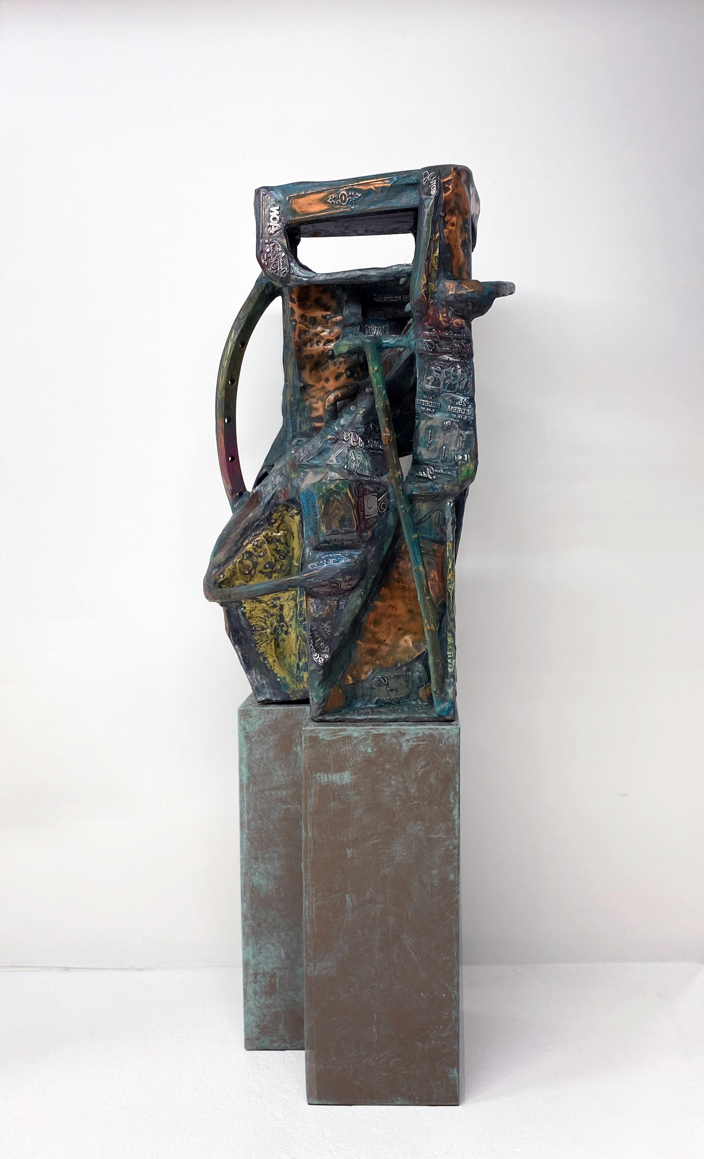 Mixed Media Metal Wood Stone Contemporary Art Sculpture - Deux femmes debout 322
