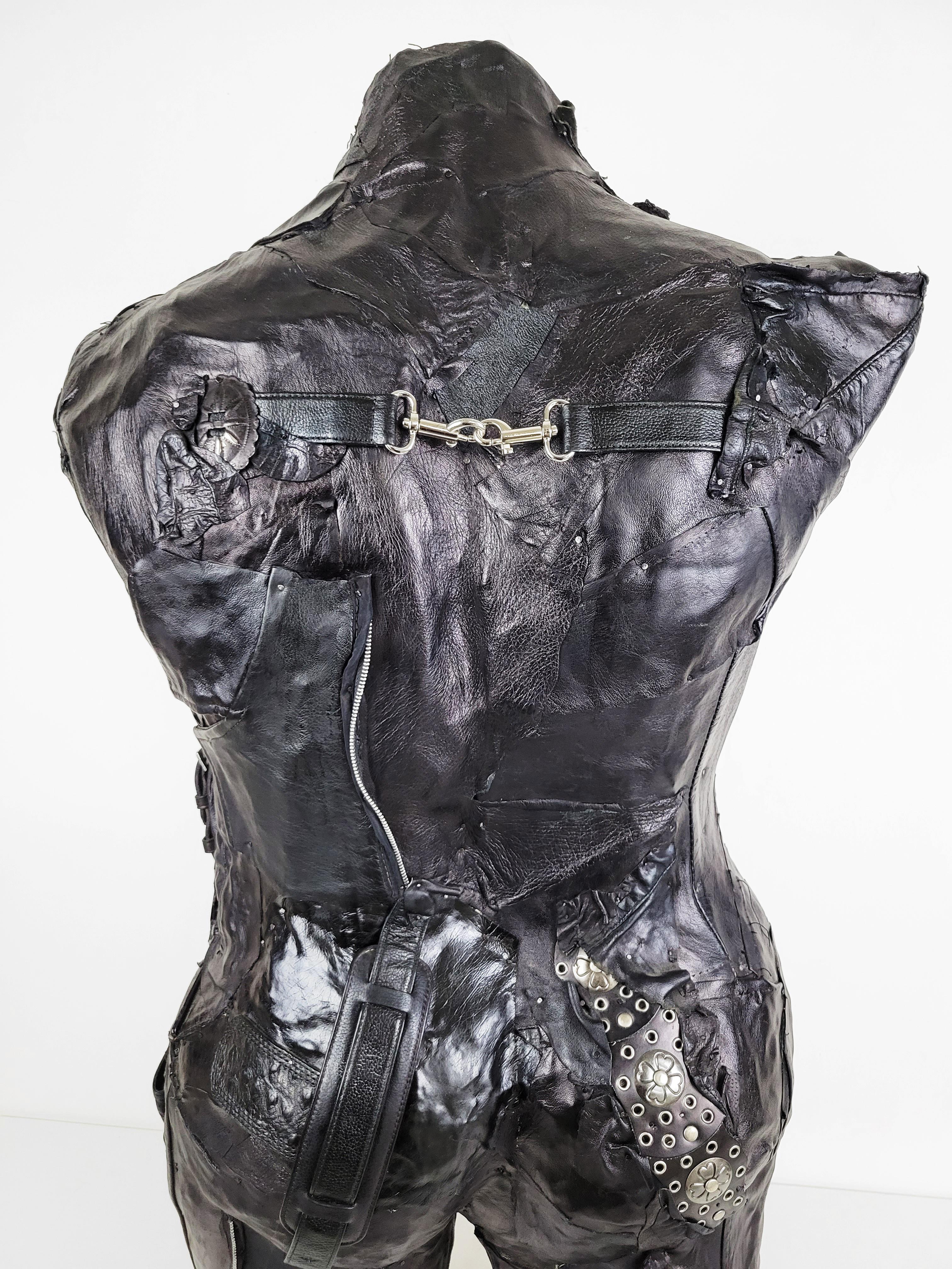 Feminist Contemporary Black/Silver Leather Metal Torso Sculpture - On Alert 691  For Sale 8