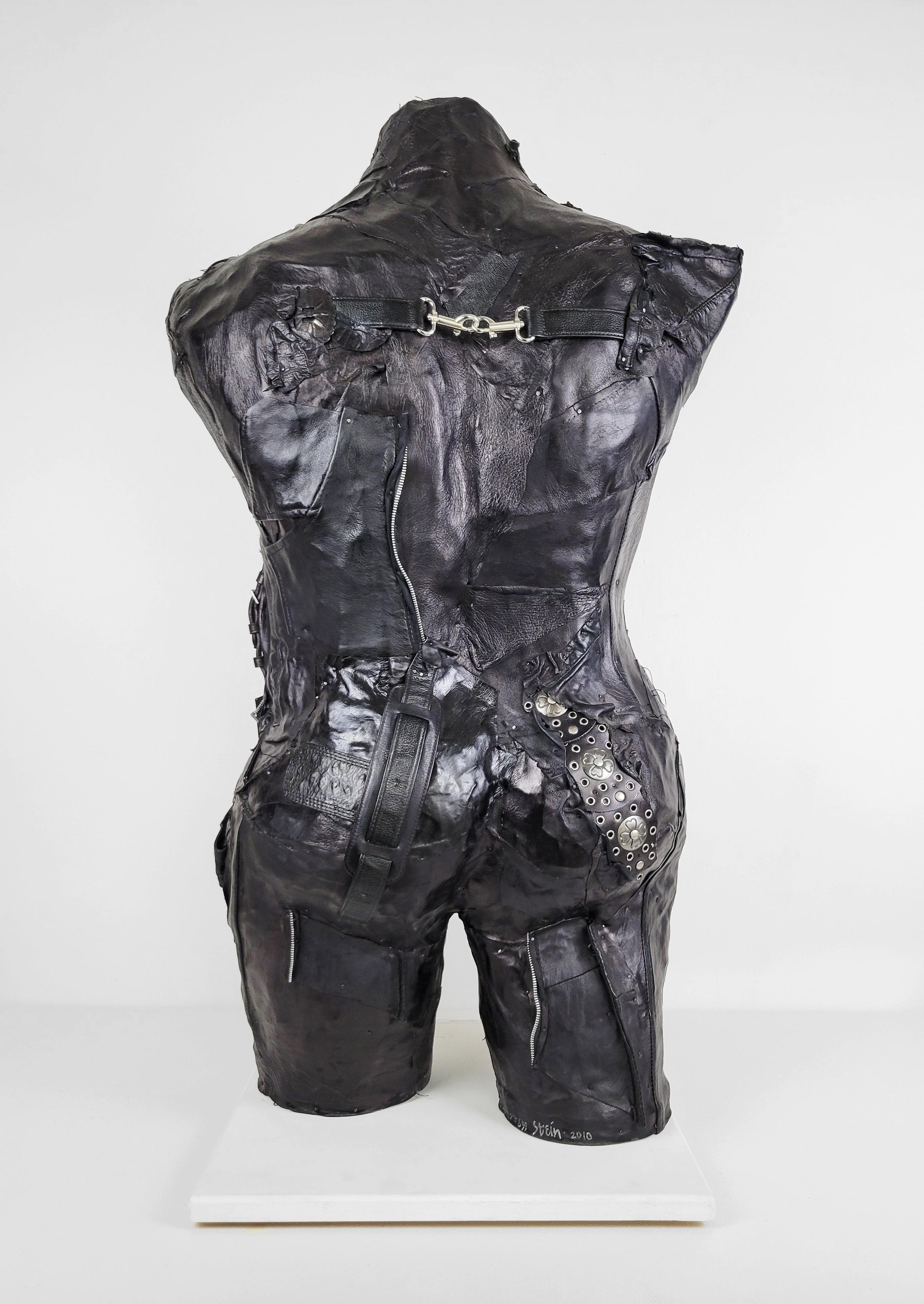 Feminist Contemporary Black/Silver Leather Metal Torso Sculpture - On Alert 691  For Sale 1