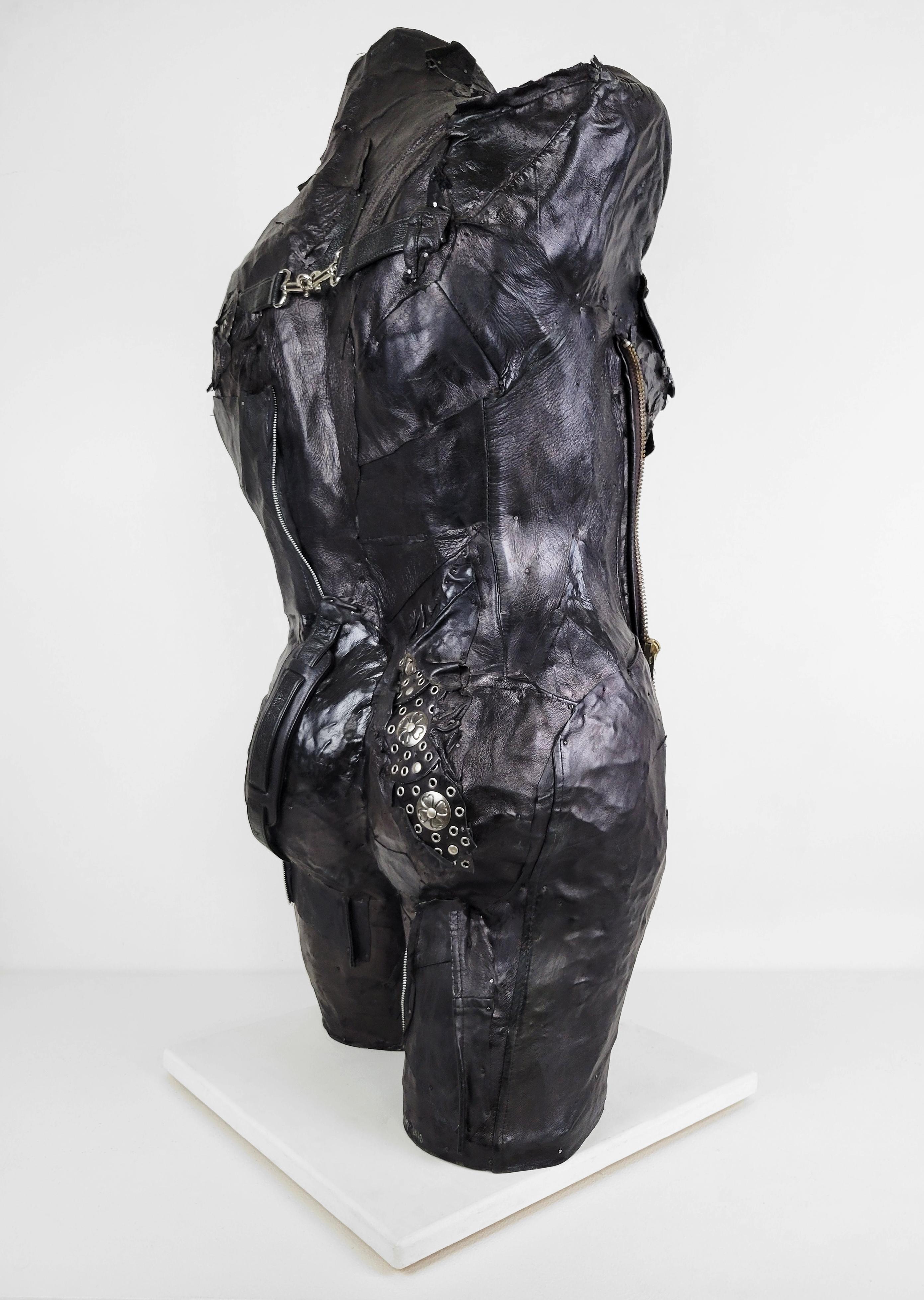 Feminist Contemporary Black/Silver Leather Metal Torso Sculpture - On Alert 691  For Sale 2