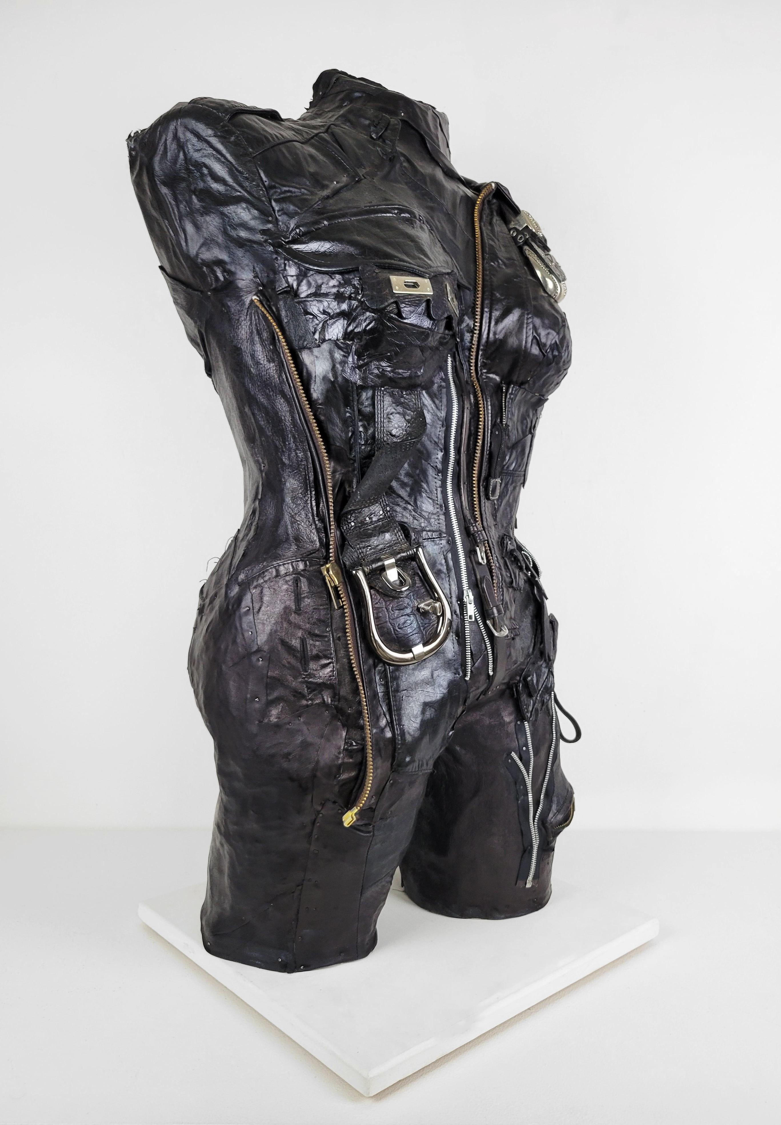 Feminist Contemporary Black/Silver Leather Metal Torso Sculpture - On Alert 691  For Sale 3