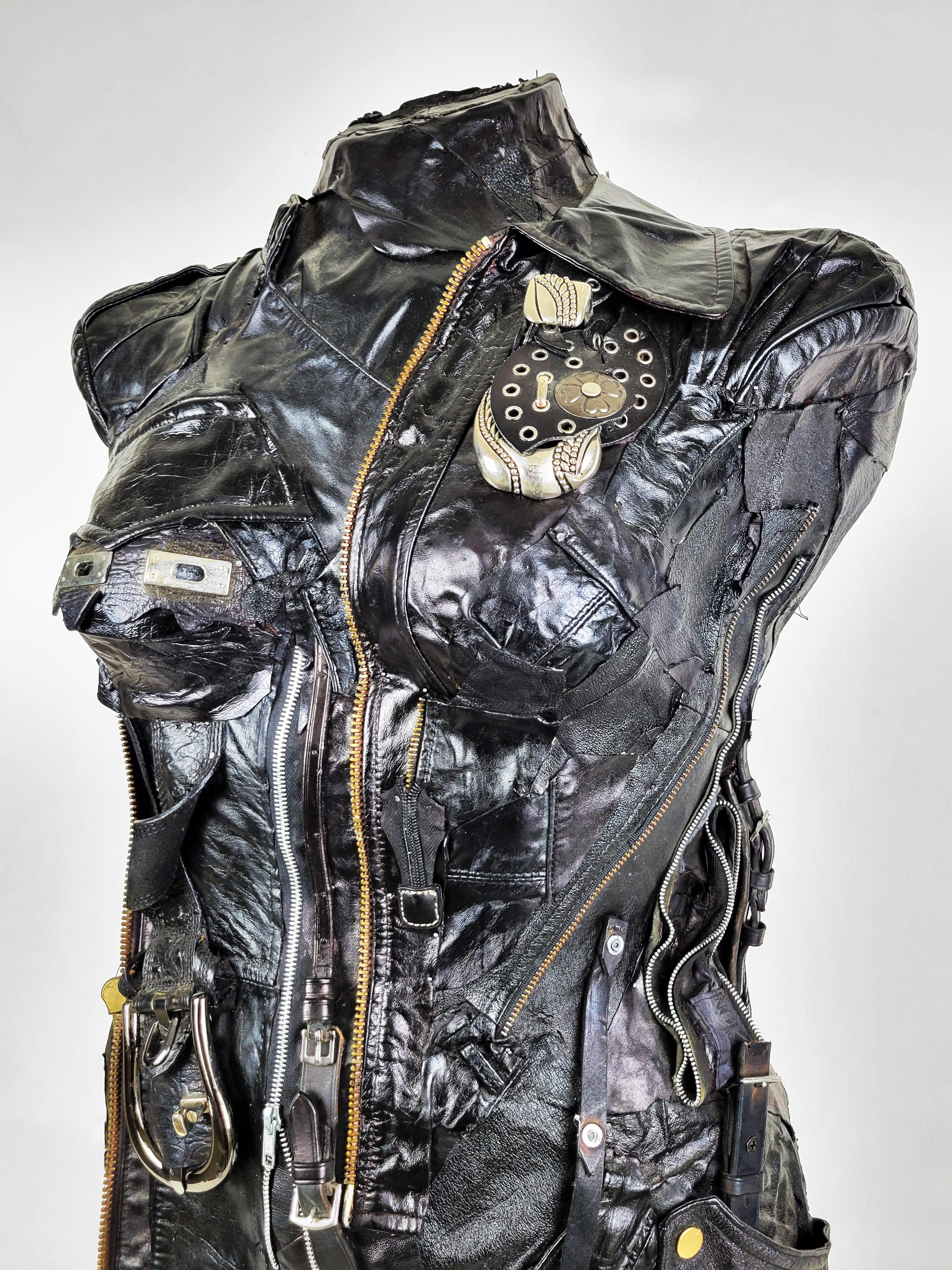 Feminist Contemporary Black/Silver Leather Metal Torso Sculpture - On Alert 691  For Sale 4