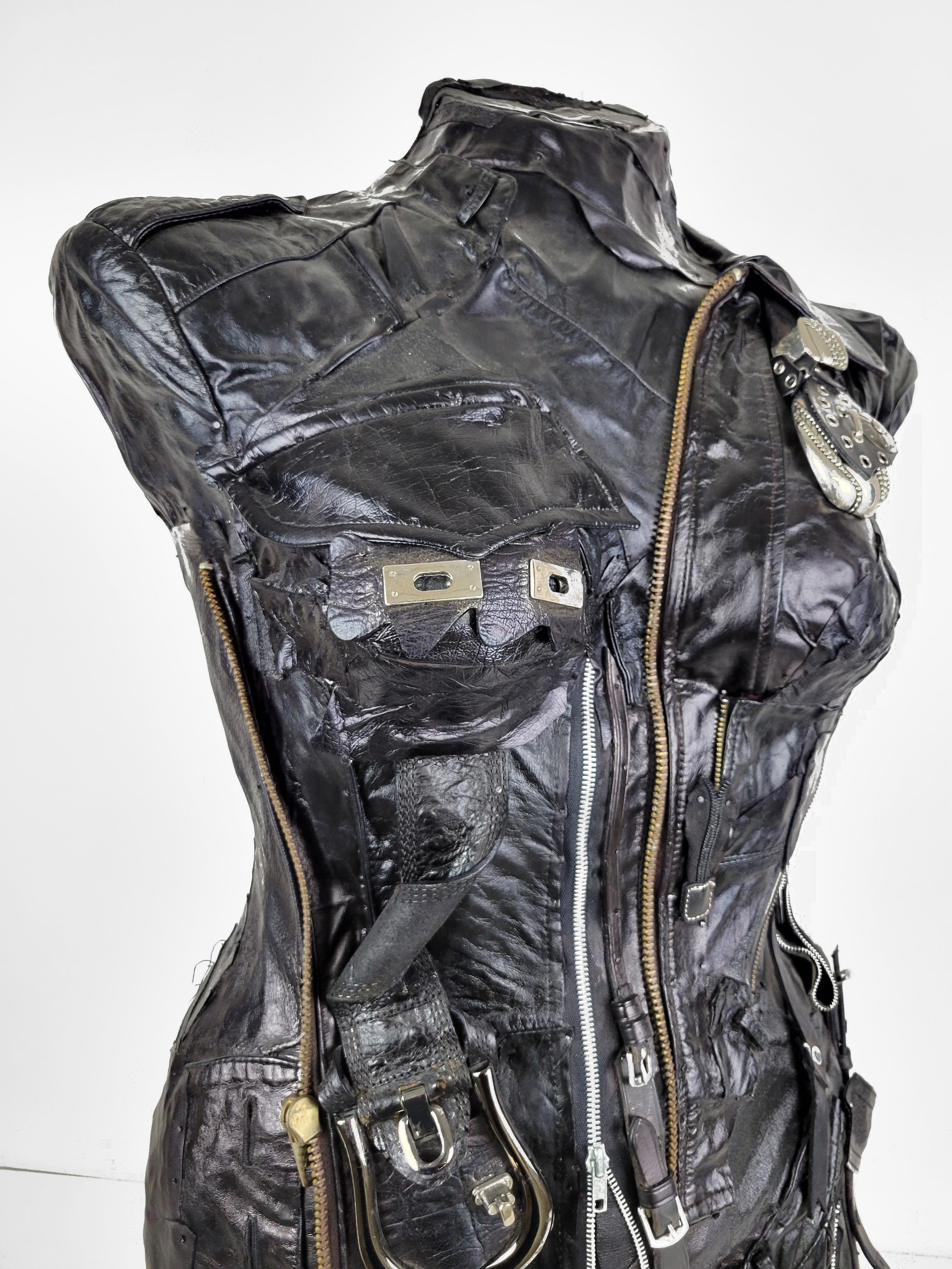 Feminist Contemporary Black/Silver Leather Metal Torso Sculpture - On Alert 691  For Sale 5