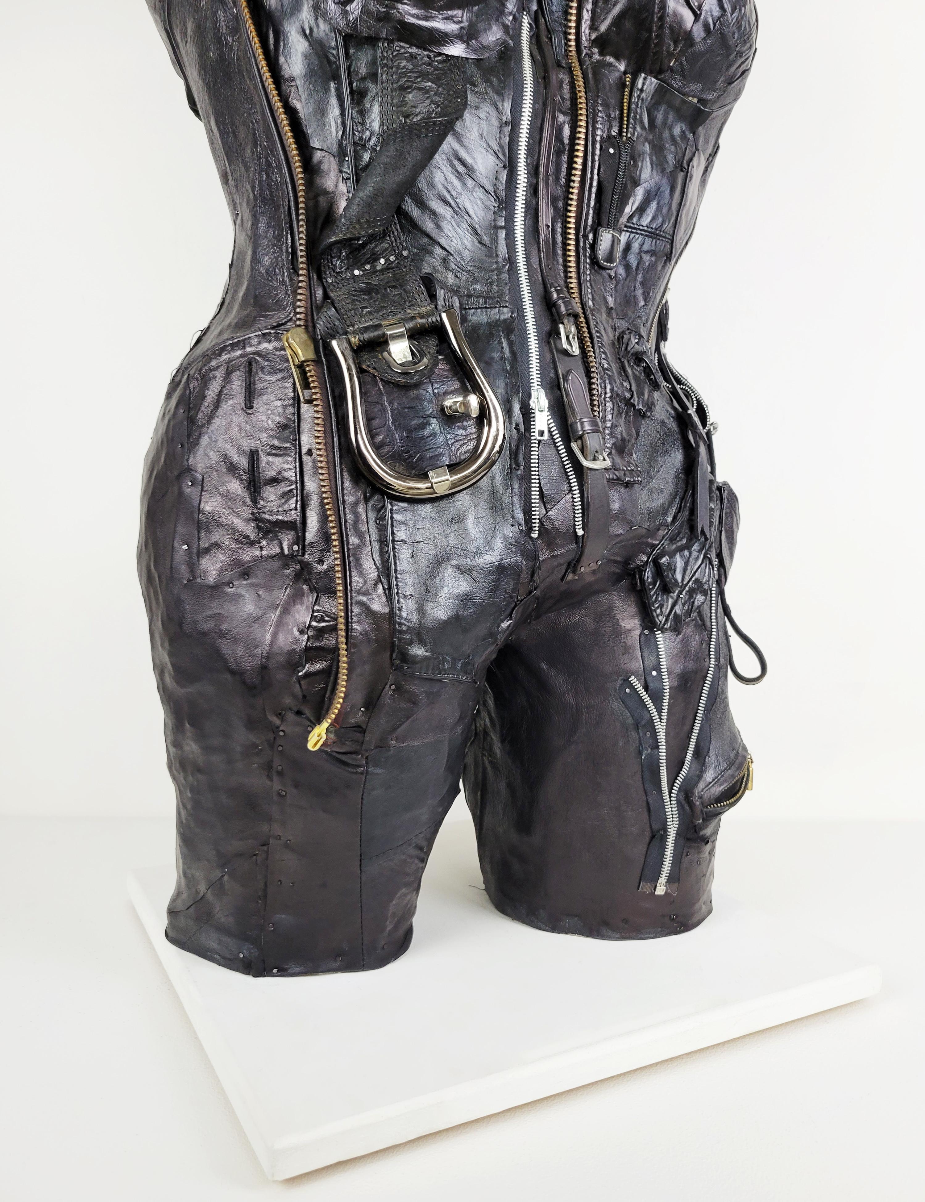 Feminist Contemporary Black/Silver Leather Metal Torso Sculpture - On Alert 691  For Sale 6