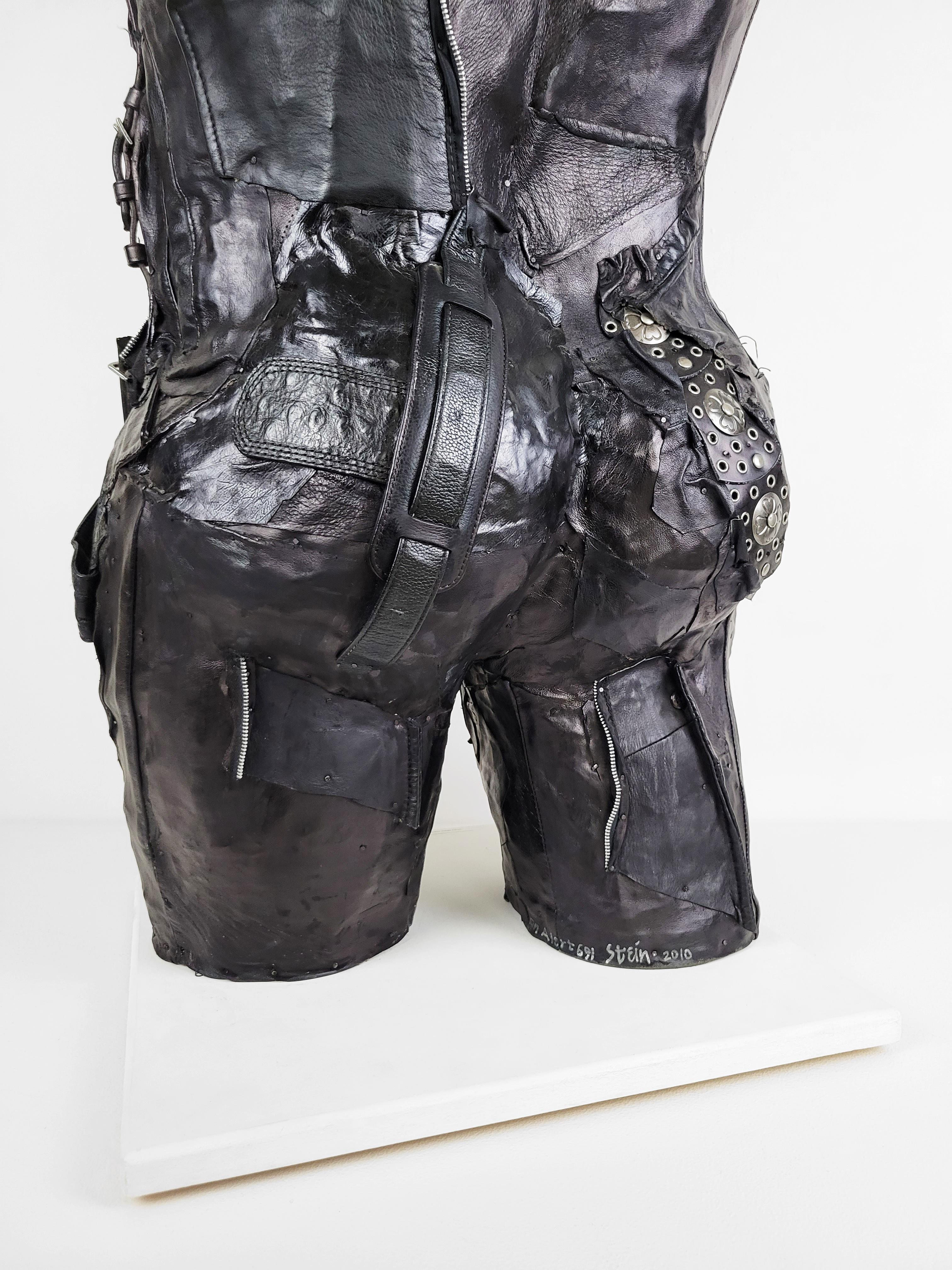 Feminist Contemporary Black/Silver Leather Metal Torso Sculpture - On Alert 691  For Sale 7