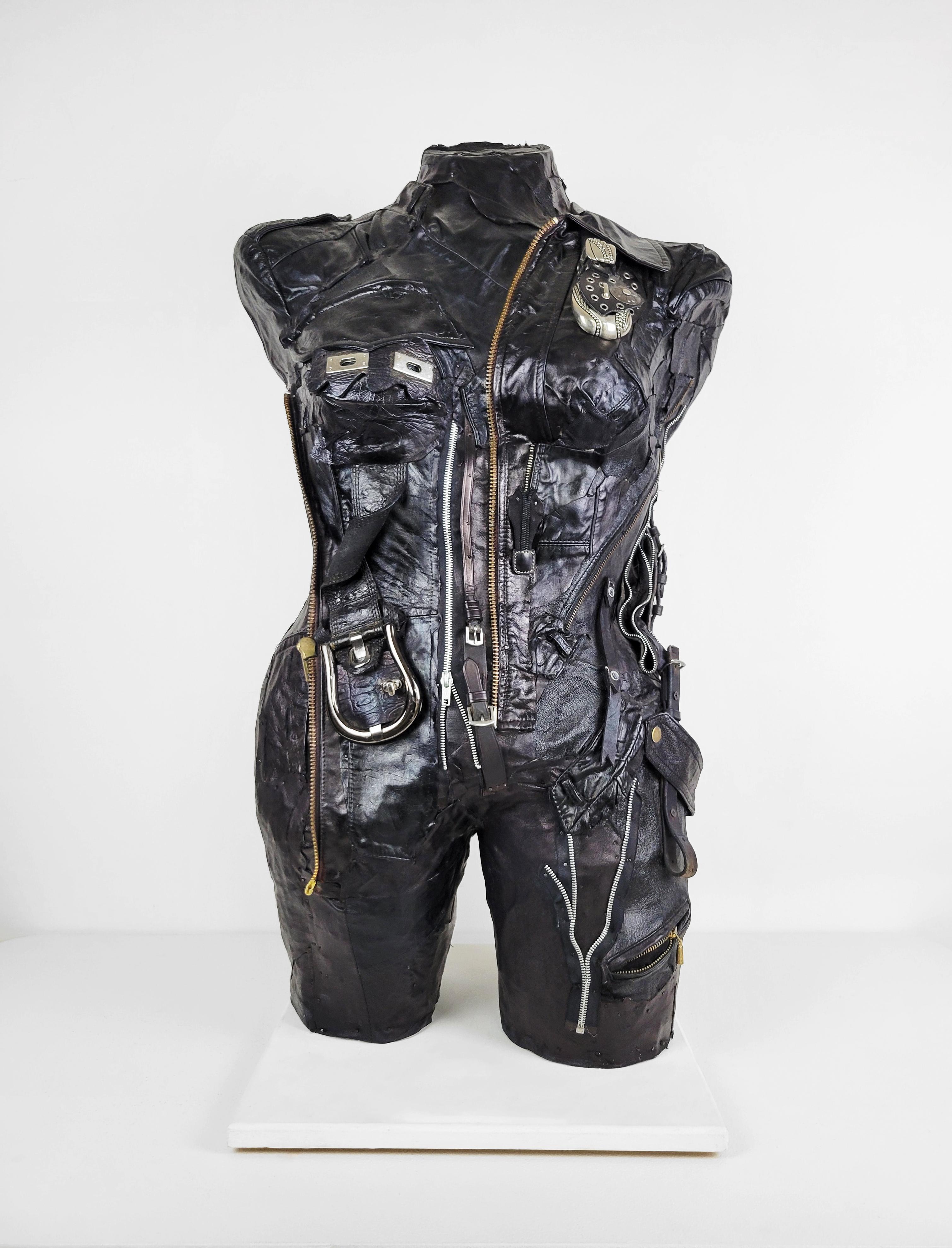 Linda Stein Figurative Sculpture - Feminist Contemporary Black/Silver Leather Metal Torso Sculpture - On Alert 691 