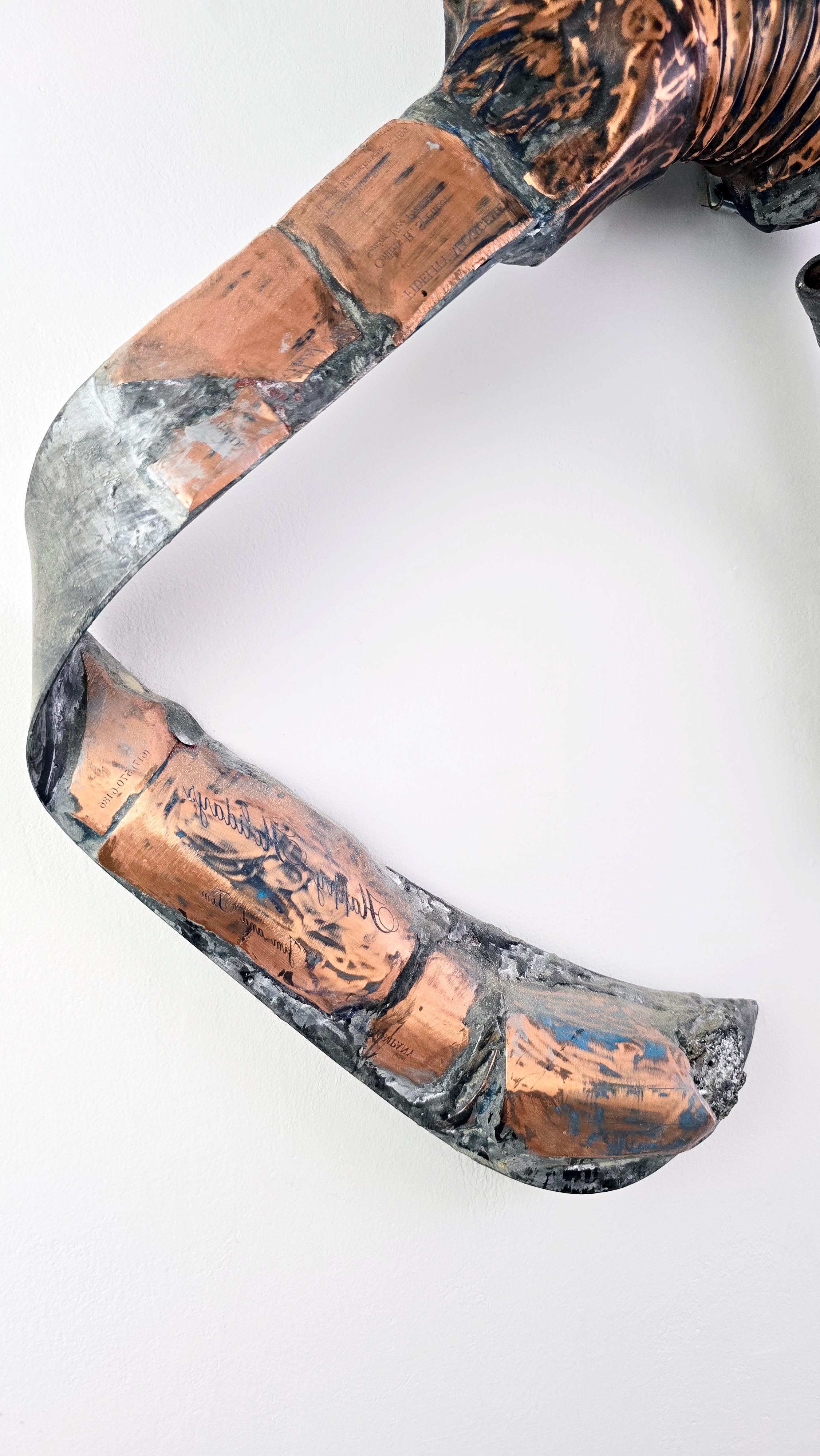 Pumper 291 - Mixed Media Metal Wood Metallic Contemporary Art Wandskulptur (Braun), Still-Life Sculpture, von Linda Stein