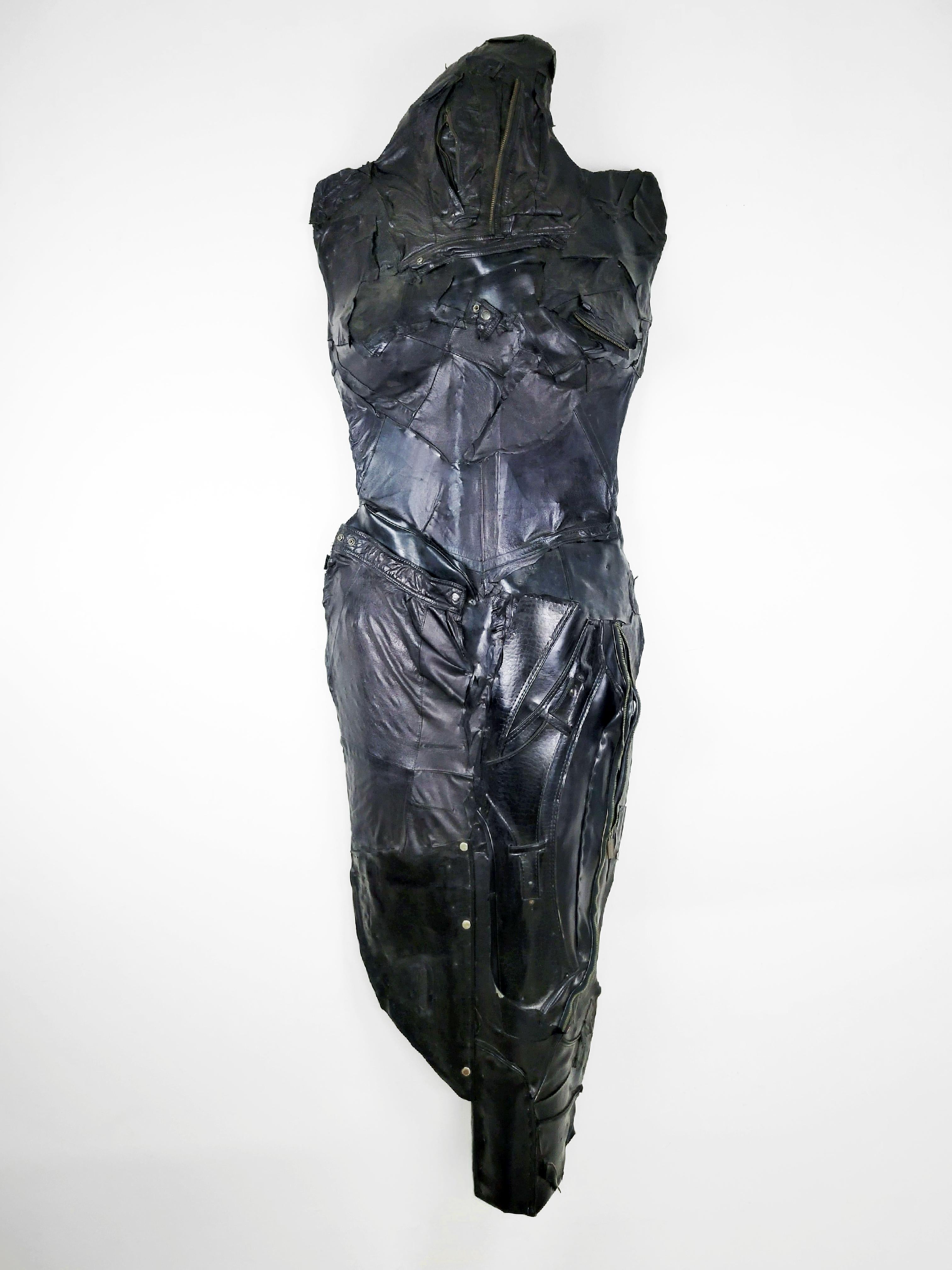 Linda Stein Figurative Sculpture - Feminist Contemporary Black Leather Metal Figurative Wall Sculpture Sentinel 689