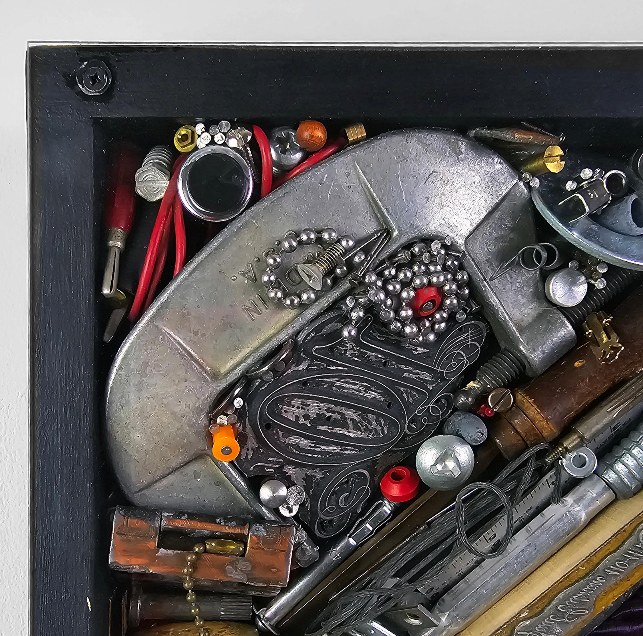 Spoon to Shell 911 - Mixed Media Shell Wood Contemporary Assemblage Sculpture - Brown Still-Life Sculpture by Linda Stein