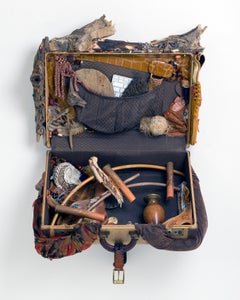 Linda Stein, Tan Suitcase 923  - Contemporary Mixed Media Earth Tone Sculpture