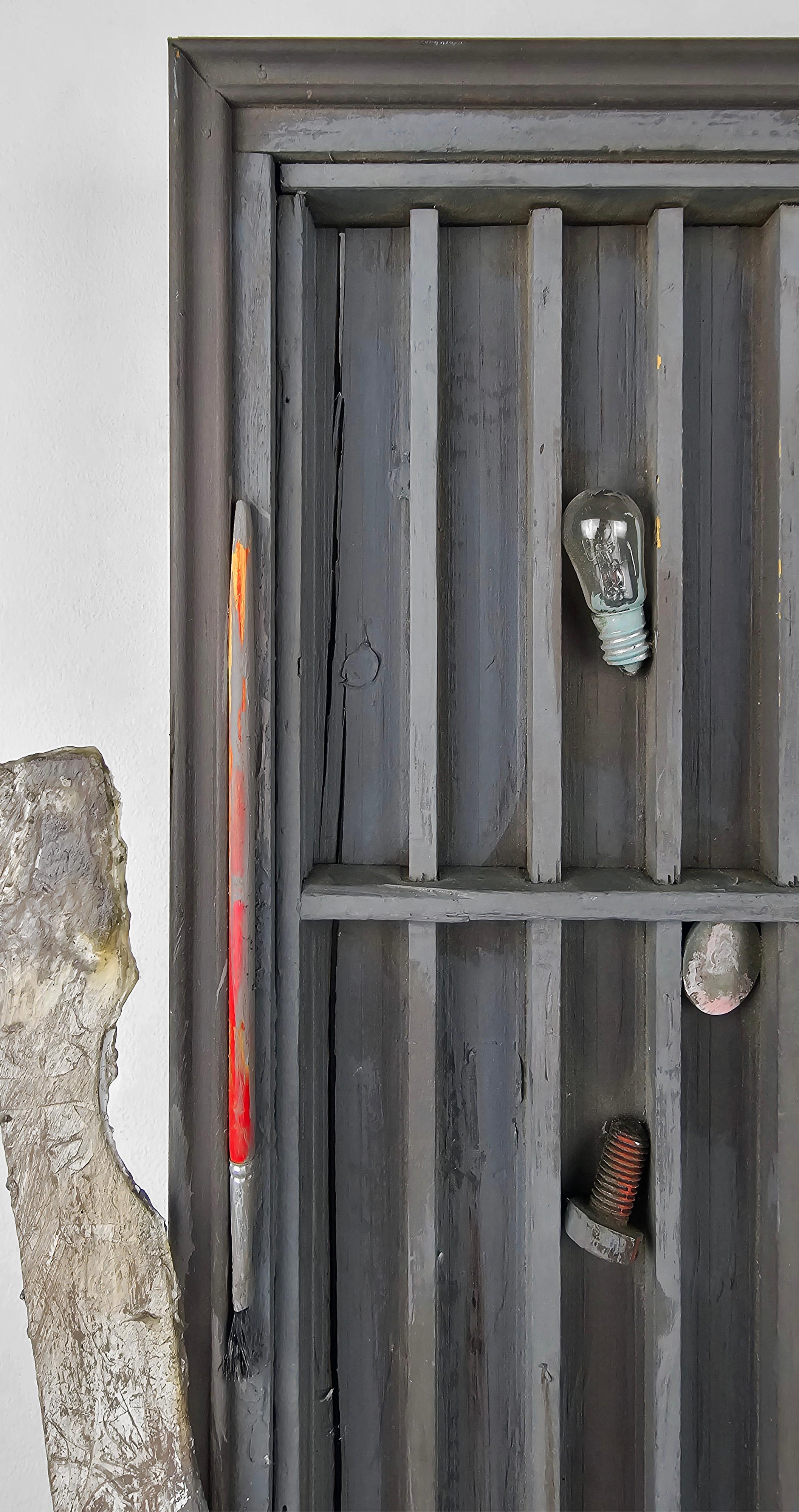Vertical Stripes 87 - Mixed Media Assemblage Contemporary Art Wall Sculpture - Brown Abstract Sculpture by Linda Stein