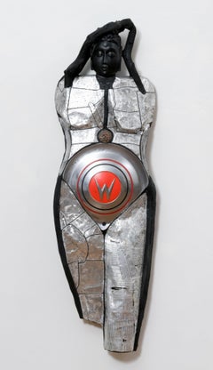Linda Stein, W 629- Contemporary Mixed Media Silver Black Metal Armor Sculpture