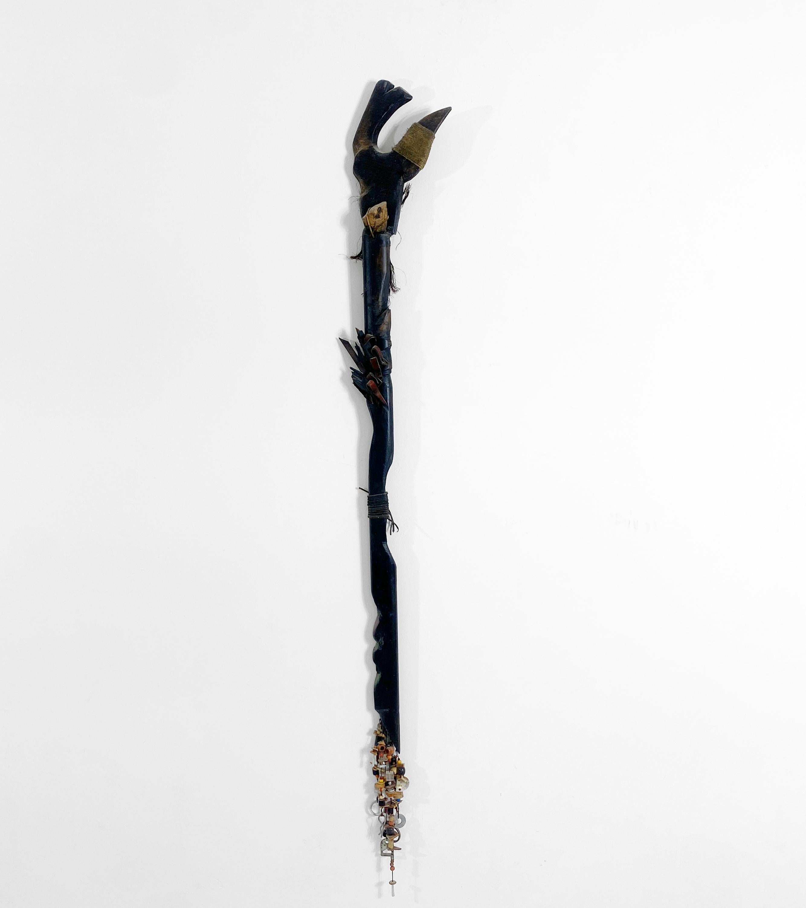 Wood, Metal, Stone, Mixed Media Contemporary Sculpture - Heartstone Scepter 163 - Brown Abstract Sculpture by Linda Stein