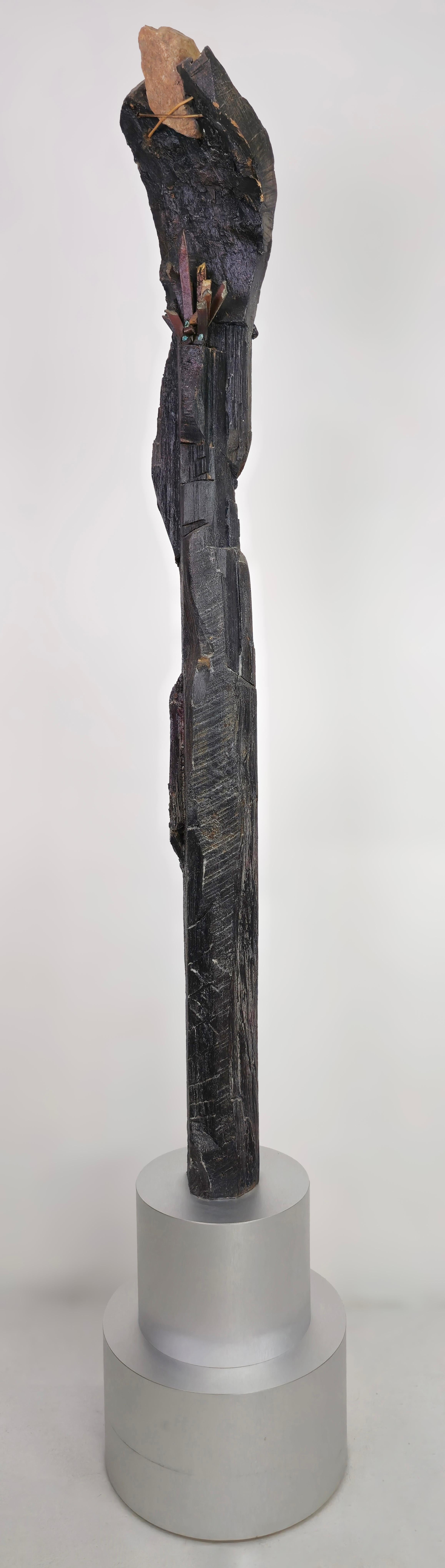 Abstract Sculpture Linda Stein - Wood, Stone, Leather, Mixed Media Contemporary Totem Sculpture - Offering 170