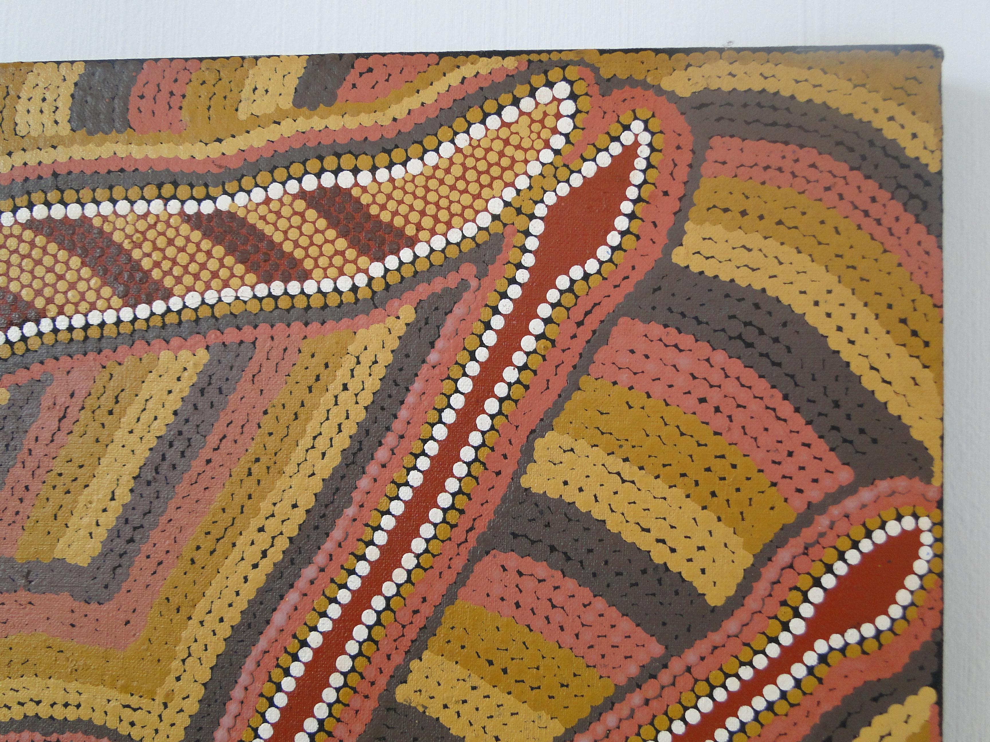 Linda Syddick Napaltjarri Gemälde Australische zeitgenössische indigene Kunst Gemälde (Holz) im Angebot