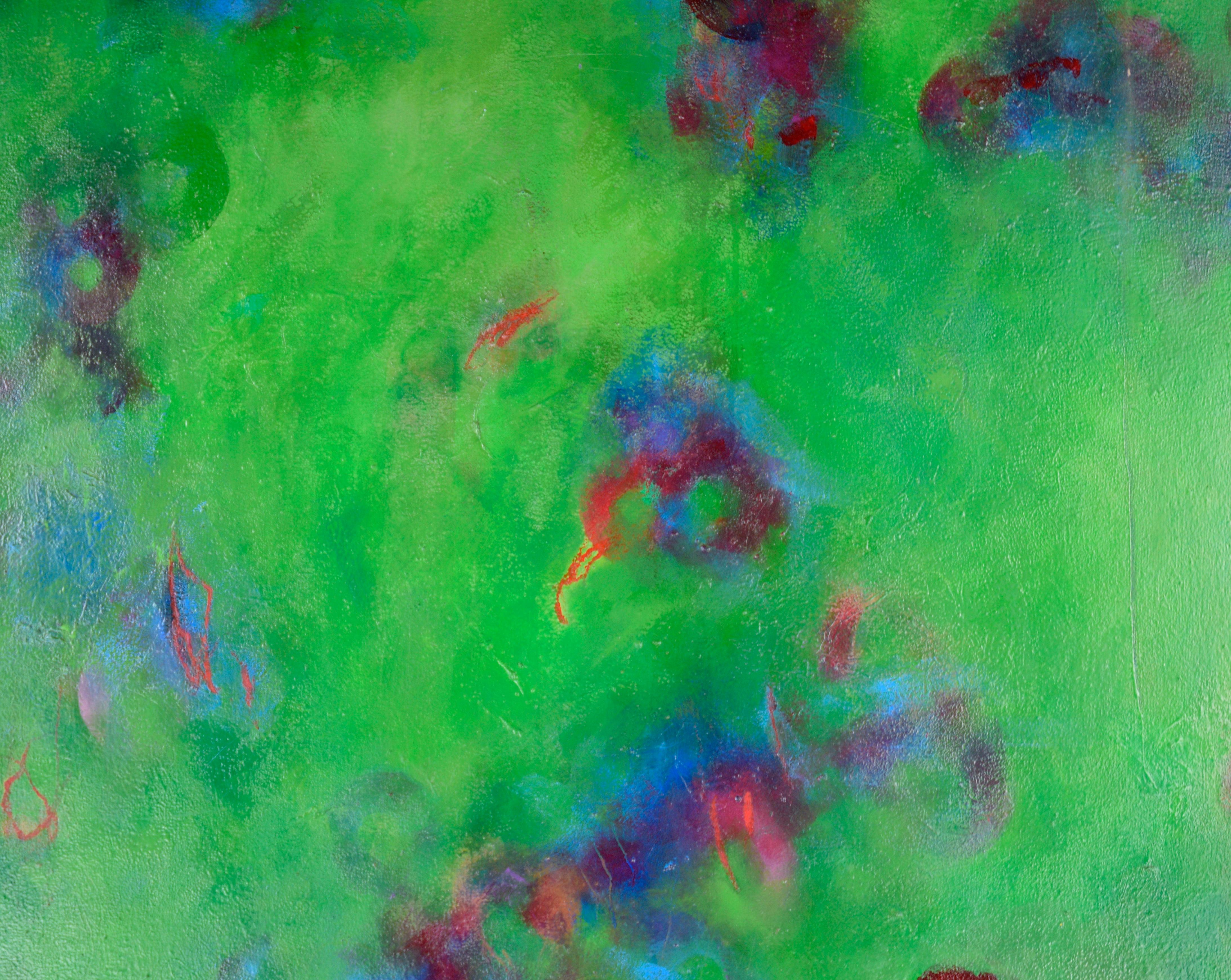 Große abstrakt-expressionistische Komposition „Green Punctuation“

Helle und gesättigte abstrakte Komposition der kalifornischen Künstlerin Linda Symonds (Amerikanerin, 20. Jahrhundert). Auf einem Feld aus Grün und Blau finden sich rote und