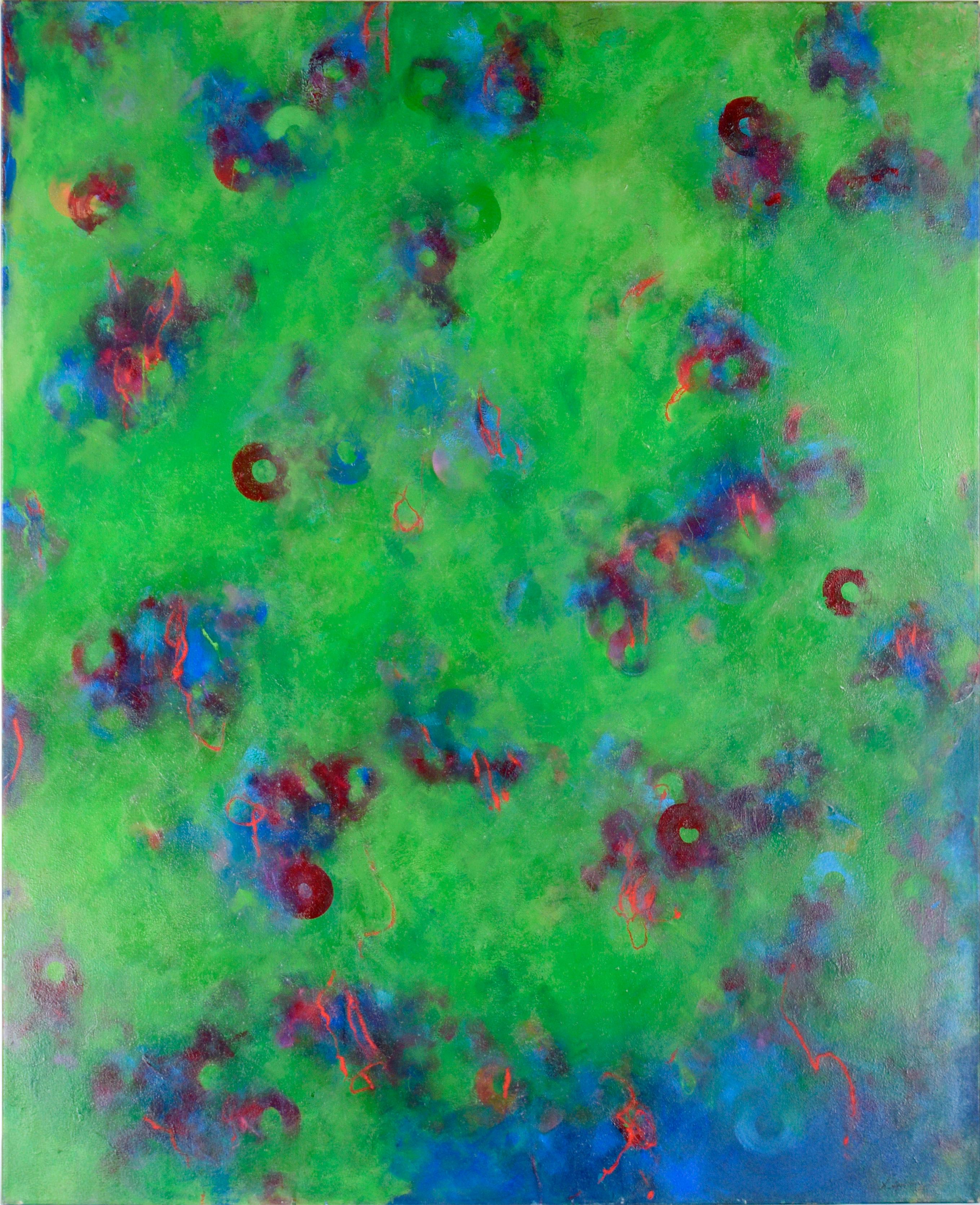 Linda Symonds Abstract Painting – Große abstrakt-expressionistische Komposition „Green Punctuation“