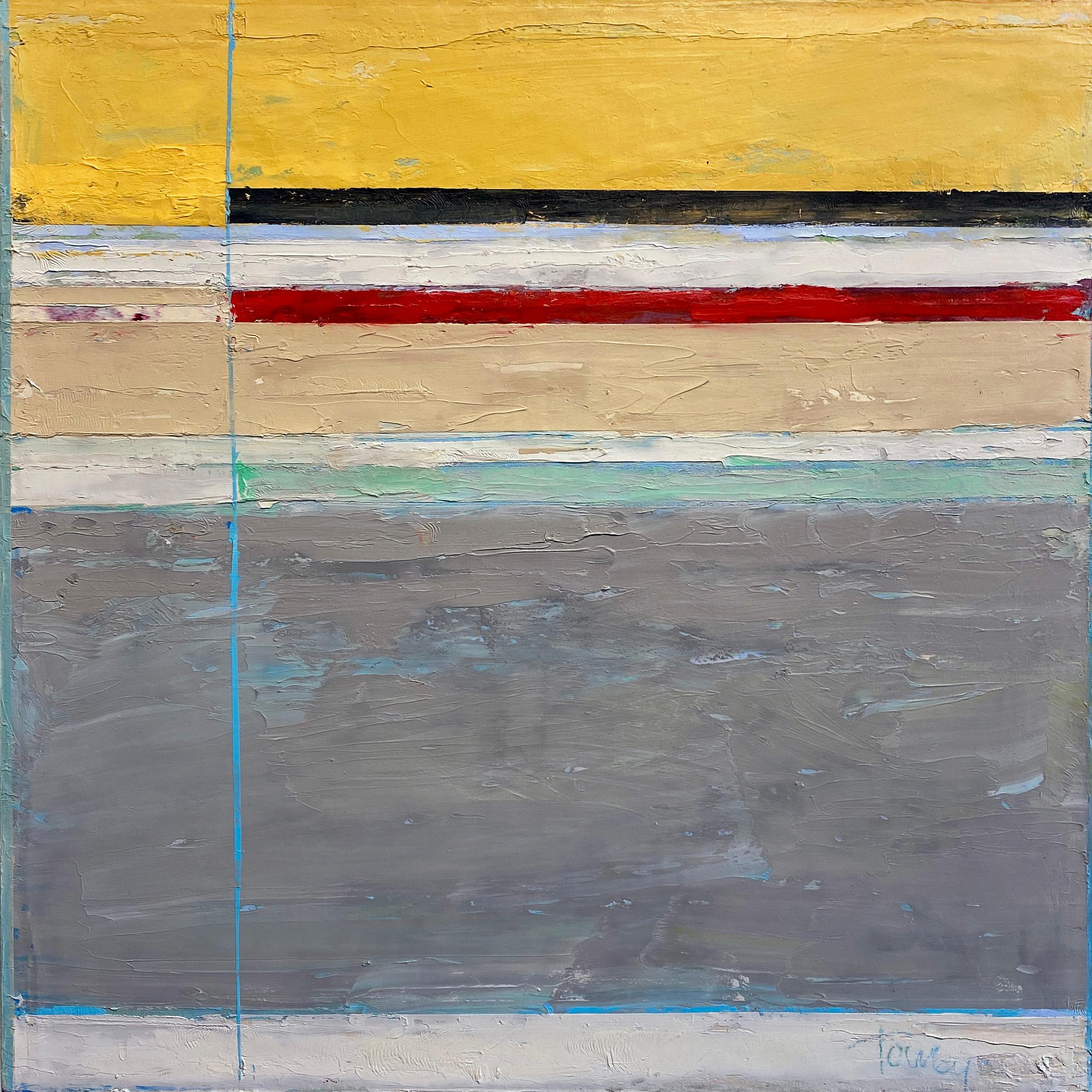 “Pigeons 305” by Linda Touby, circa 2010. Oil and wax on canvas, 30 x 30 inches. This painting features textural stripes of bright pigments including yellow, red, blue, gray, black, and white. 

This beautiful painting is from Linda Touby's popular