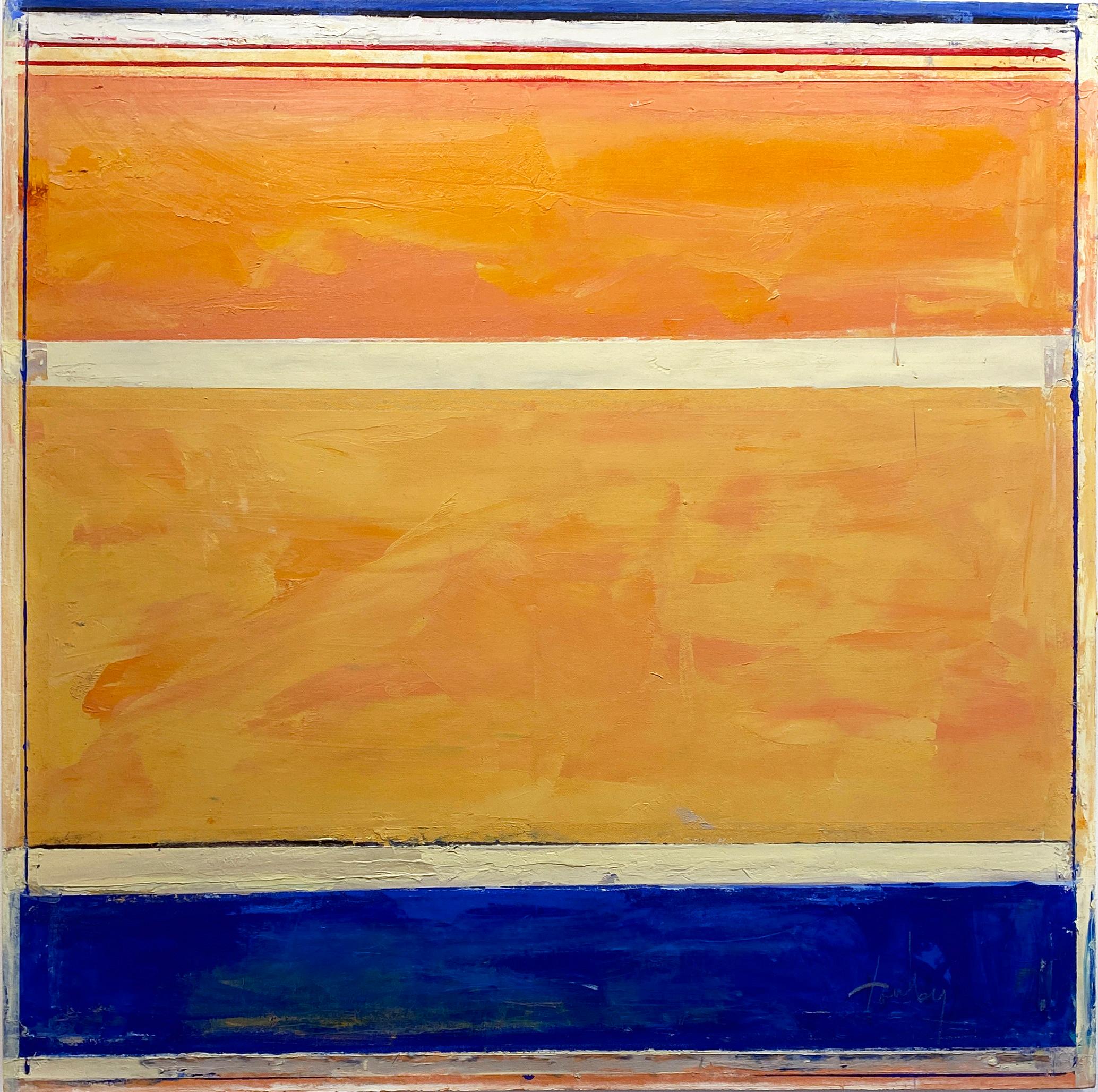 "Tauben 312" von Linda Touby, um 2010. Öl und Wachs auf Leinwand, 36 x 36 Zoll. Dieses Gemälde zeigt strukturierte Streifen aus leuchtenden Pigmenten, darunter Gelb, Orange, Blau, Schwarz und Weiß. 

Dieses wunderschöne Gemälde stammt aus Linda