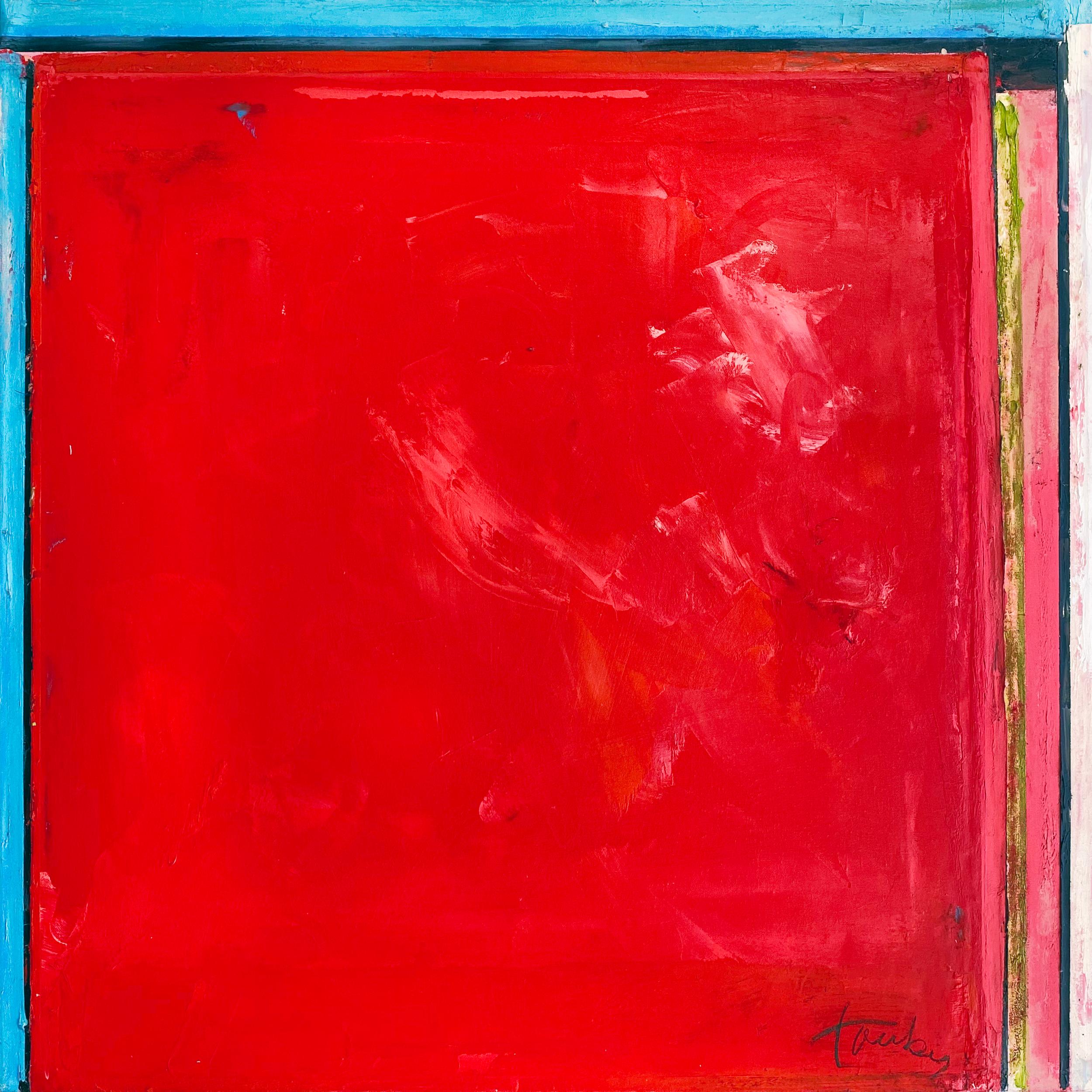 "Tauben 562" von Linda Touby, ca. 2010. Öl und Wachs auf Leinwand, 30 x 30 cm. Dieses Gemälde zeigt strukturierte Streifen aus leuchtenden Pigmenten wie Rot, Orange, Blau, Schwarz, Grün und Weiß. 

Dieses schöne Gemälde stammt aus Linda Toubys