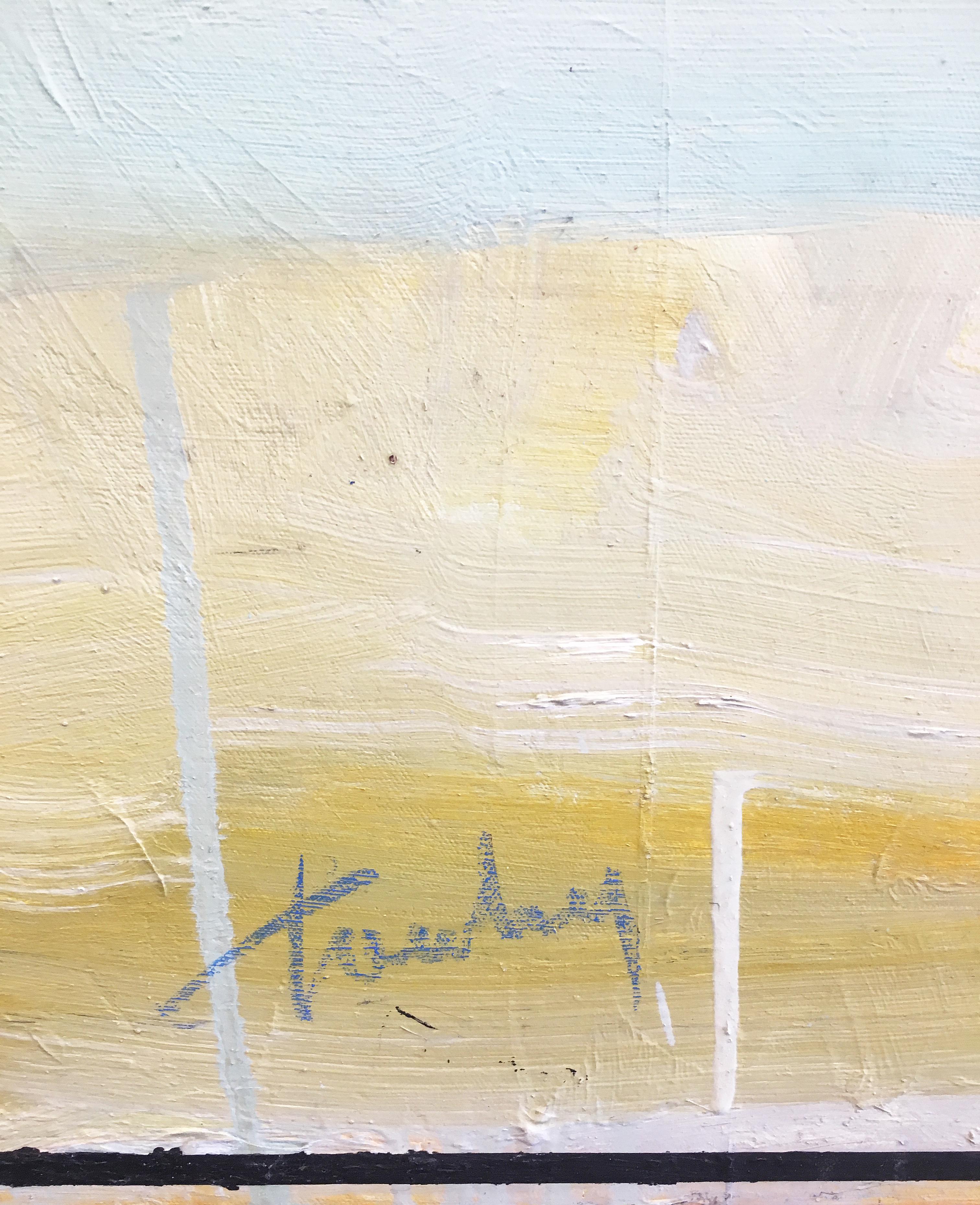 'Je T'aime 10' by Linda Touby, 2018. Oil on canvas, 40 x 42 inches. This painting features textural, cumulative layers of brushstrokes on a flat field of color. The floating zones of luminous pigments are in colors of blue, beige, green, and white 