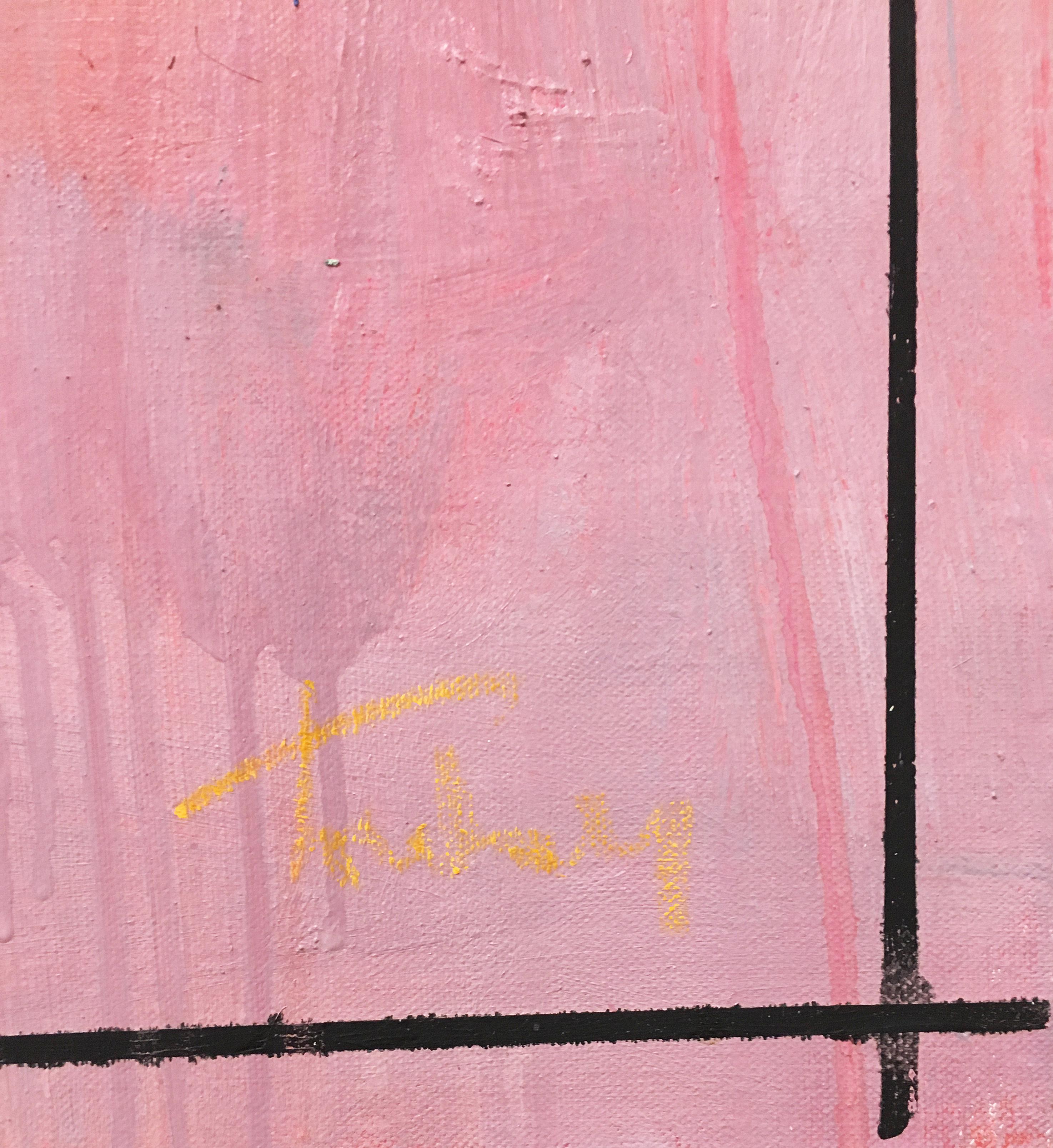 “Je T'aime 16” by Linda Touby, 2018. Oil on canvas, 24 x 20 inches. This painting features textural, cumulative layers of brushstrokes on a flat field of color. The floating zones of luminous pigments are in soft and dark pinks, light blue, and