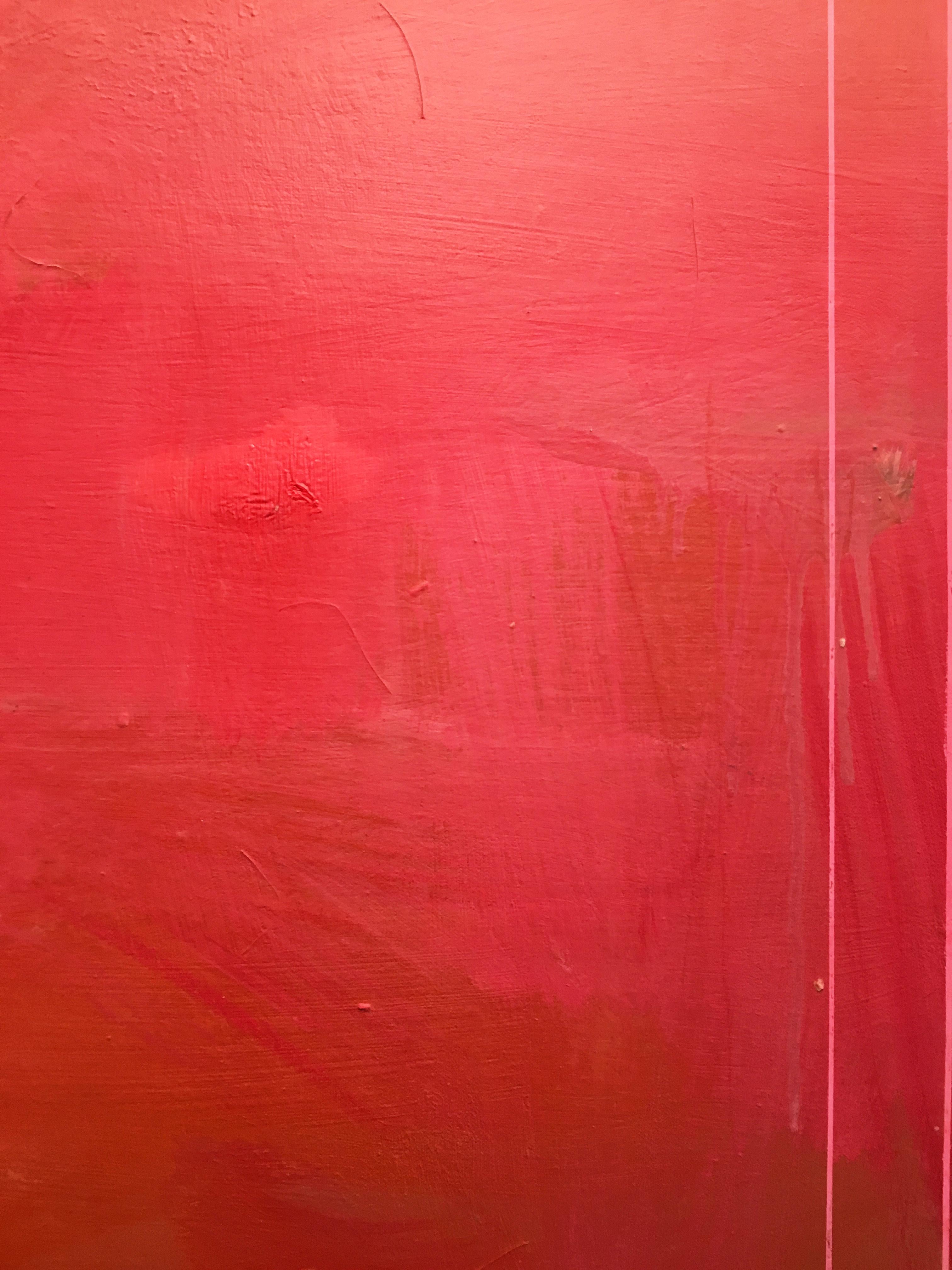 'Je T'aime 8' by Linda Touby, 2018. Oil on canvas, 48 x 48 inches. This painting features textural, cumulative layers of brushstrokes on a flat field of color. The floating zones of luminous pigments are in colors of red, pink, and yellow.  The