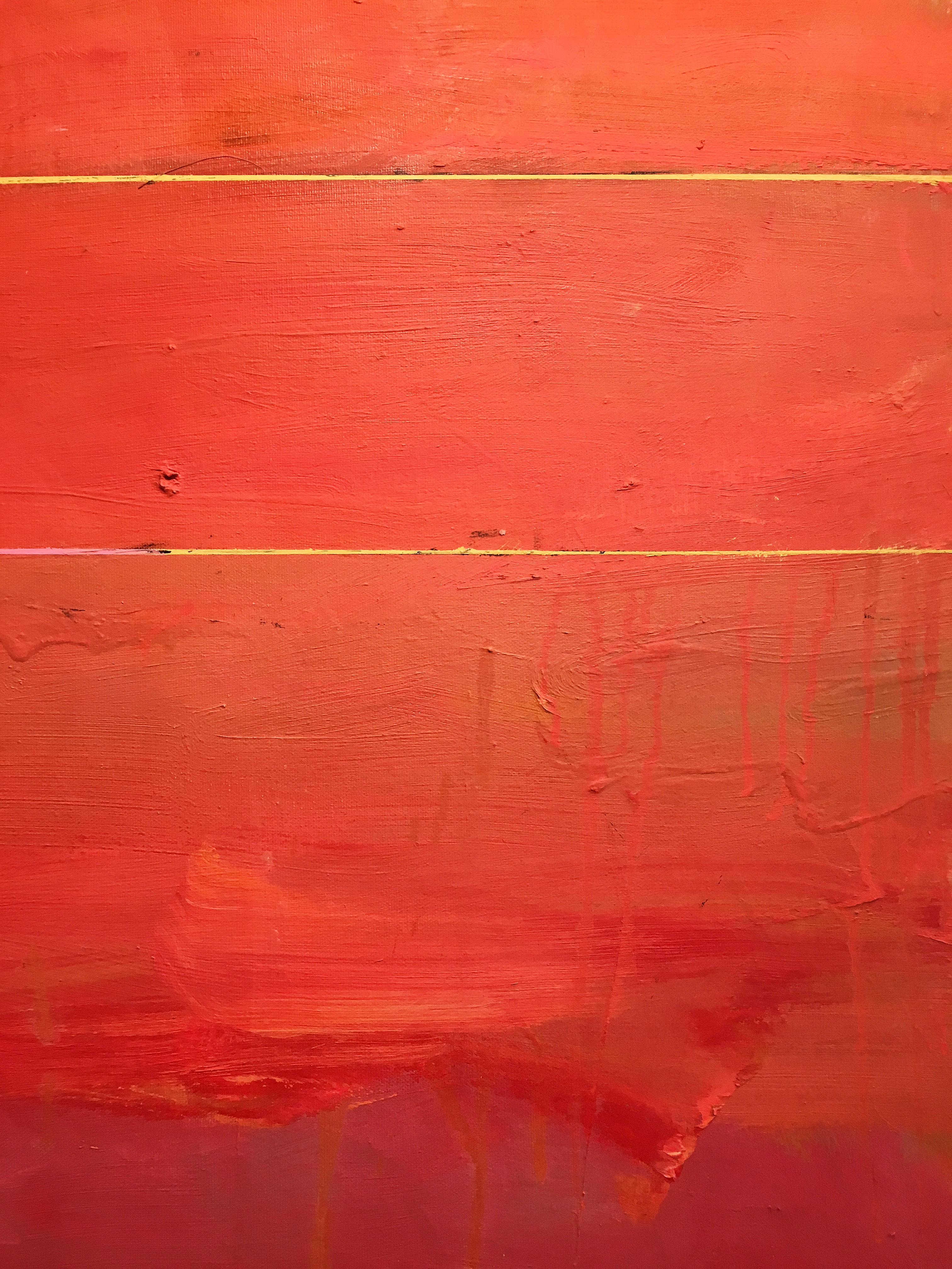'Je T'aime 9' by Linda Touby, 2018. Oil on canvas, 48 x 48 inches. This painting features textural, cumulative layers of brushstrokes on a flat field of color. The floating zones of luminous pigments are in colors of red and yellow.  The swaths of