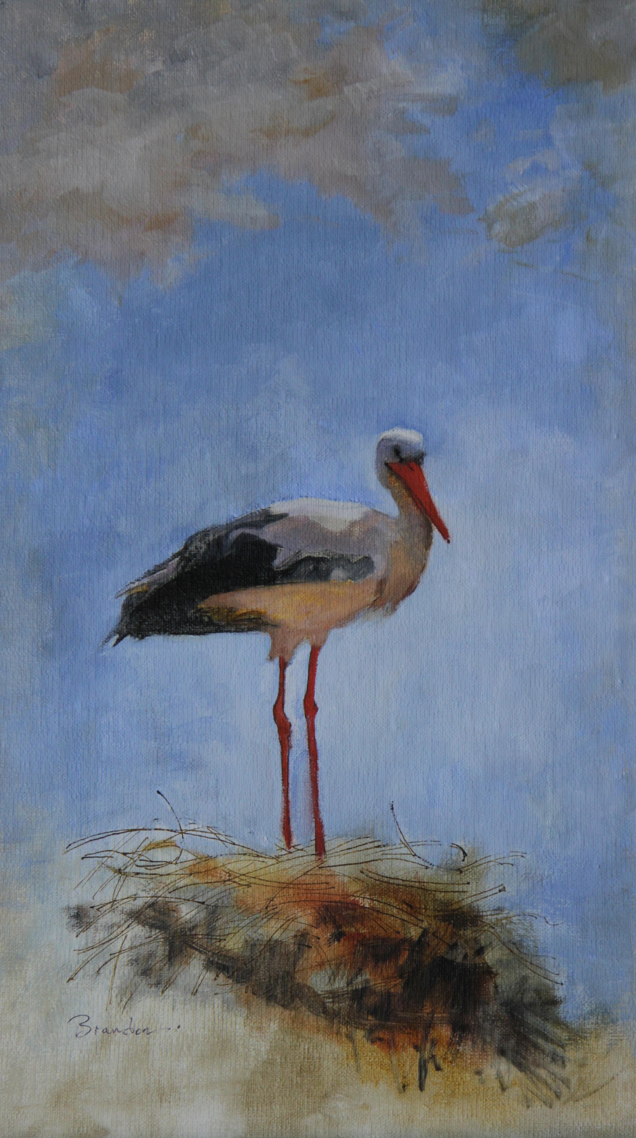 "Una cigüeña en Alsacia" (2023) Por Linda Tracey Brandon, Pintura al óleo original