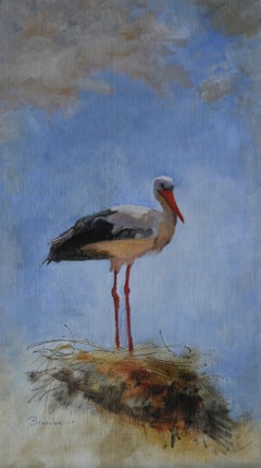 "Una cigüeña en Alsacia" (2023) Por Linda Tracey Brandon, Pintura al óleo original