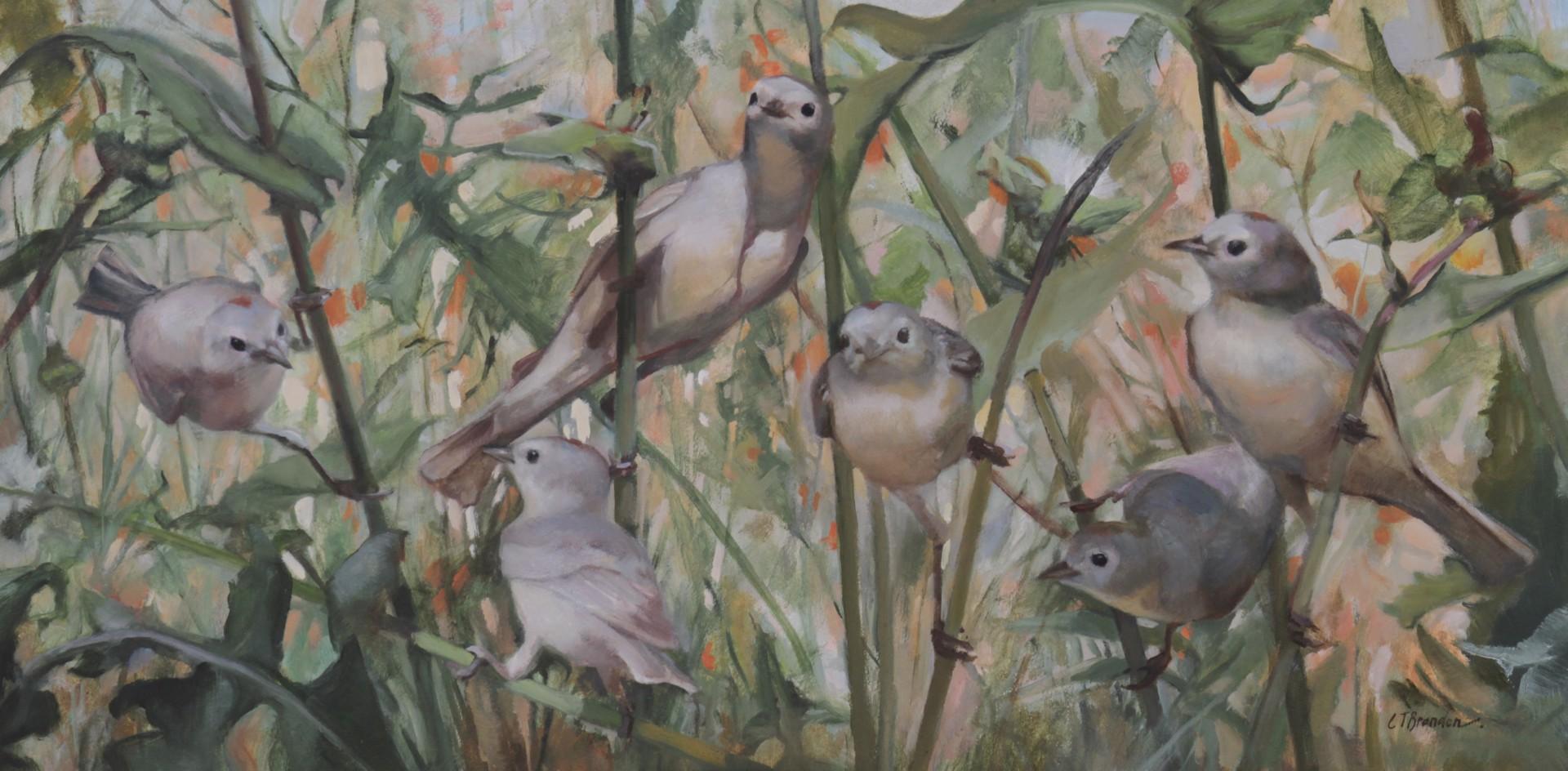 Linda Tracey Brandon Figurative Painting - Lucy's Warblers in the Weeds
