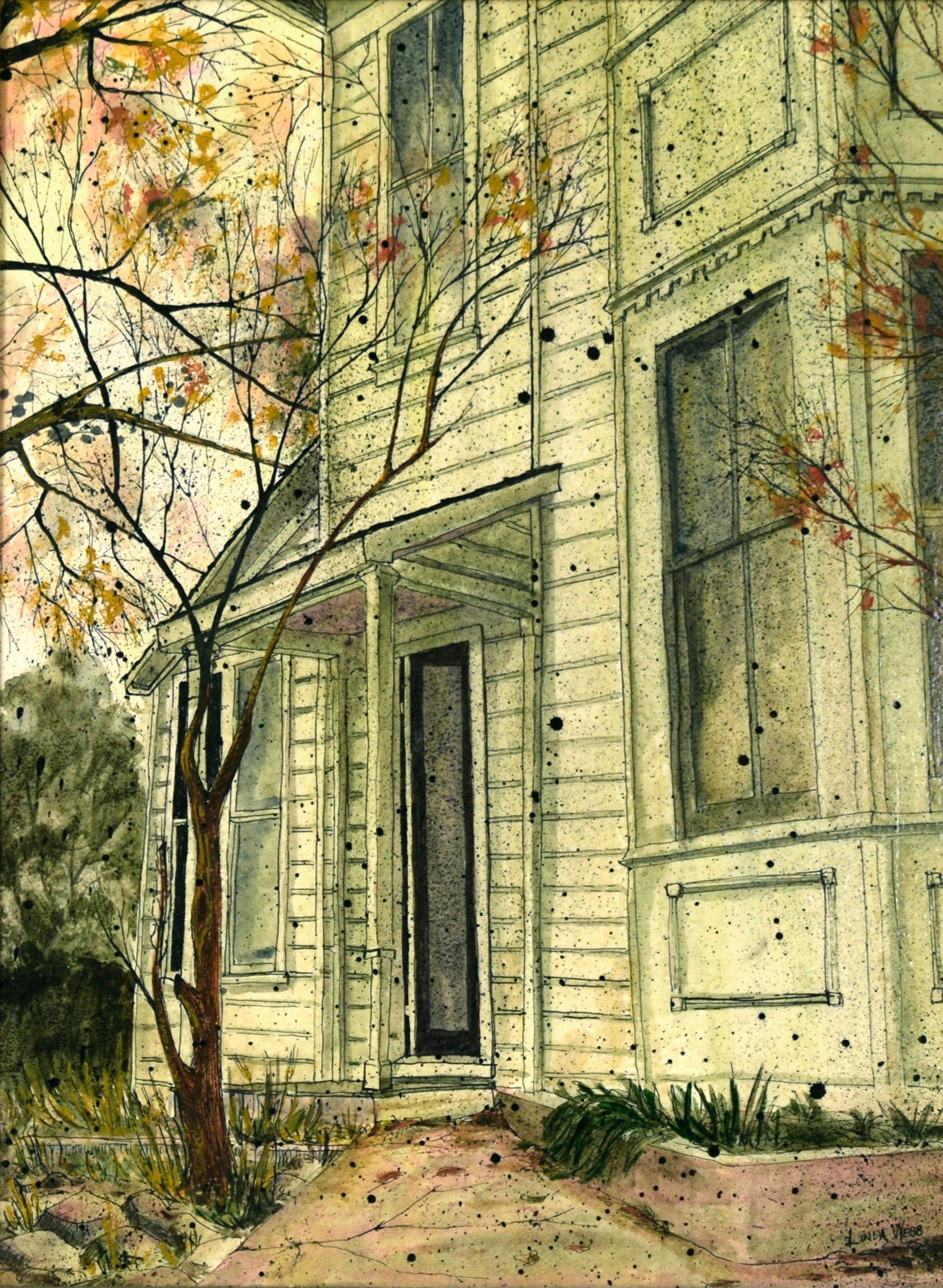Casa victoriana verde con hojas de otoño - Painting de Linda Webb