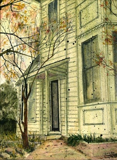 Green Victorian House with Autumn Leaves