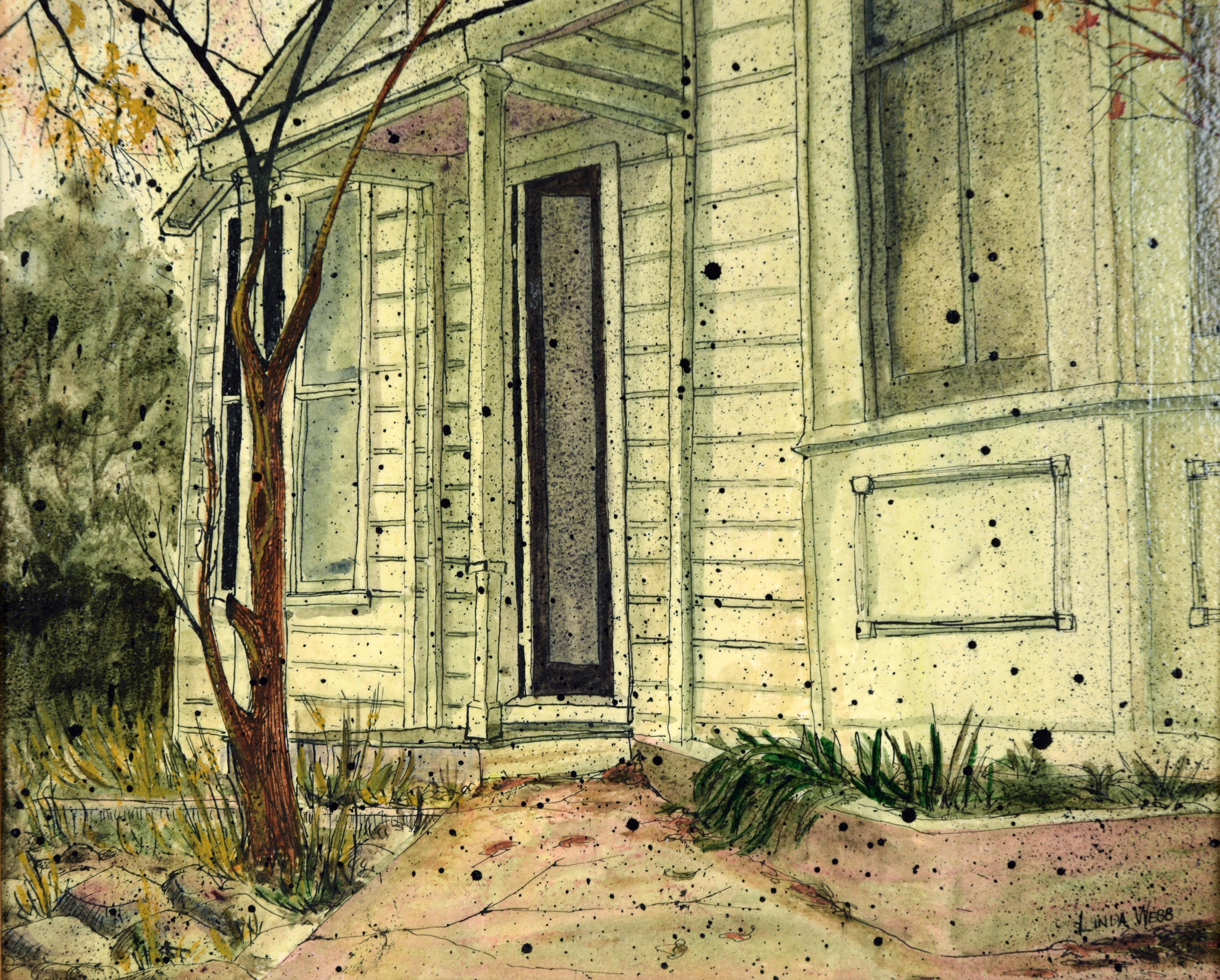 Casa victoriana verde con hojas de otoño - Painting impresionista estadounidense de Linda Webb