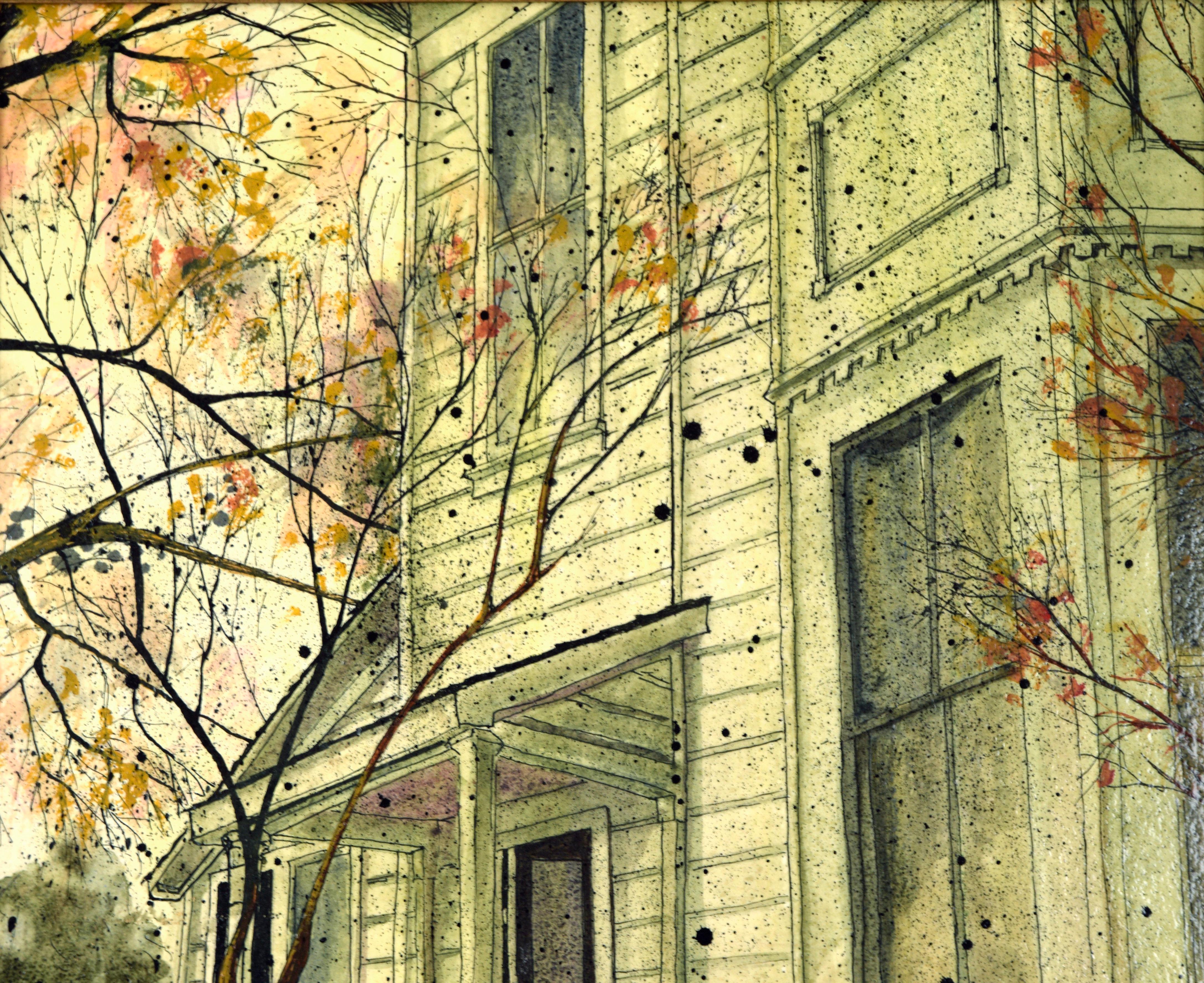 Casa victoriana verde con hojas de otoño - Landscape Painting Marrón de Linda Webb