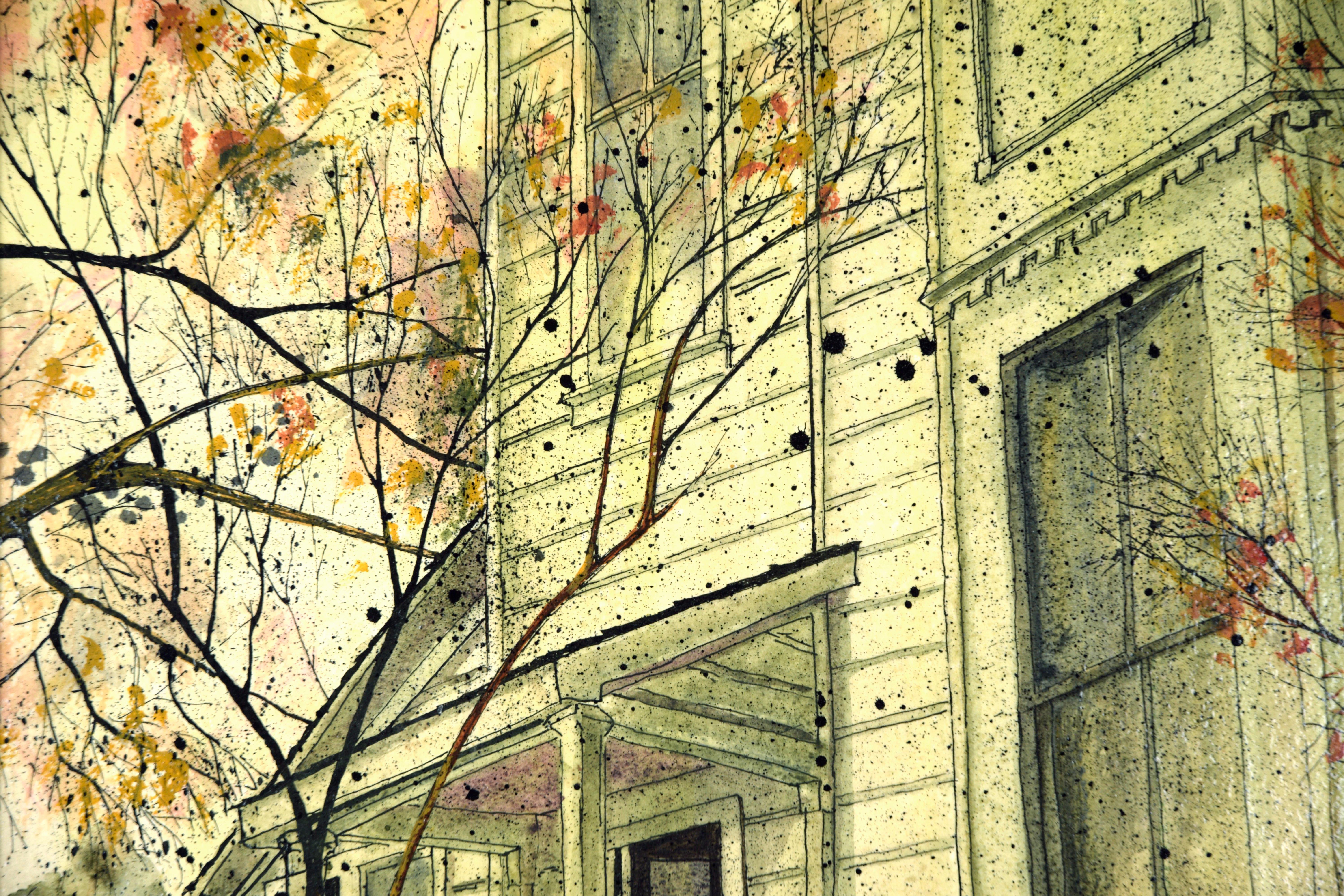 Casa victoriana verde con hojas de otoño

Pintura arquitectónica multimedia del exterior de una casa en otoño, de Linda Webb (nacida en 1942). Esta pieza presenta múltiples materiales y técnicas diferentes, con capas de acuarela, tinta y bolígrafo
