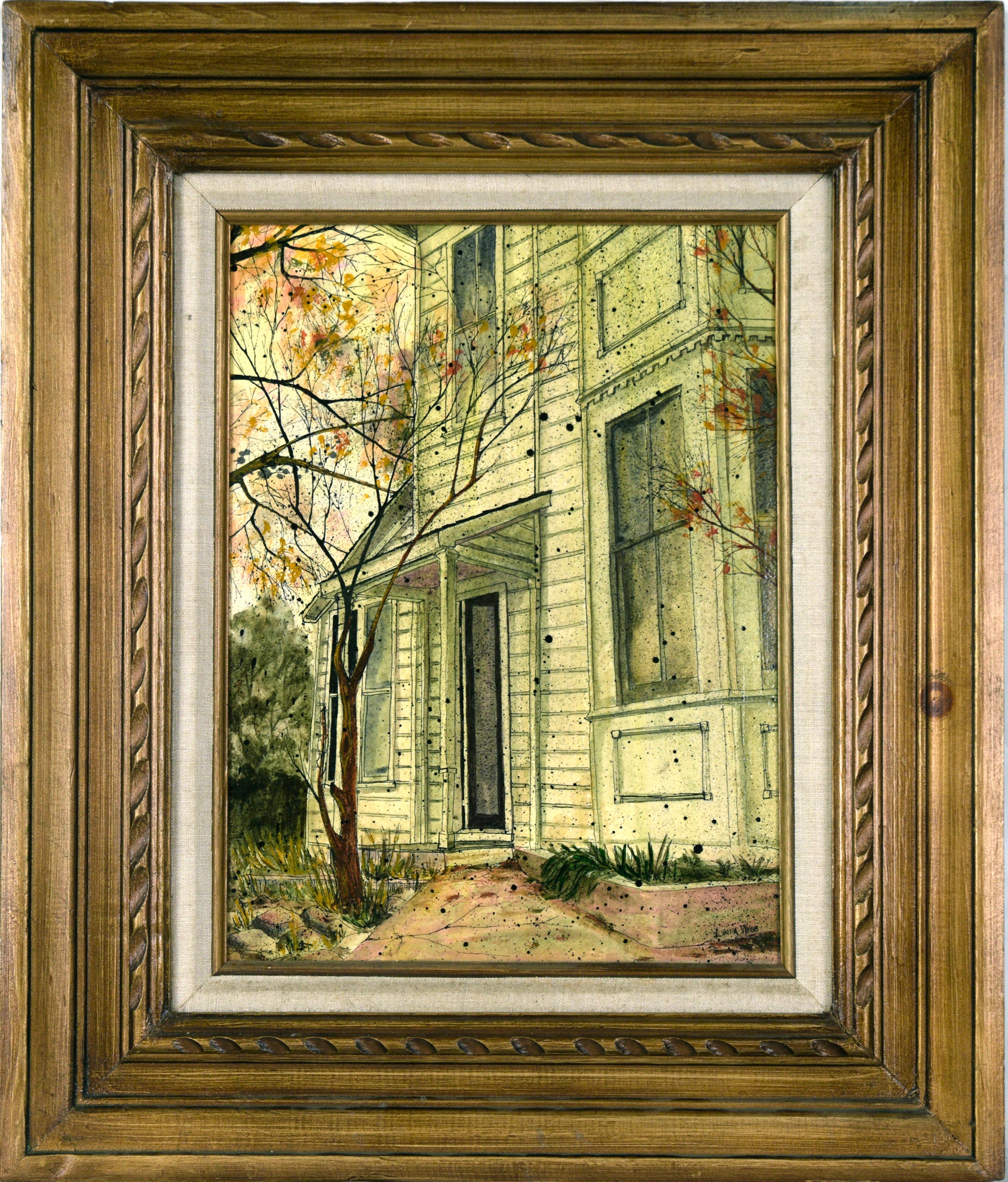 Landscape Painting de Linda Webb - Casa victoriana verde con hojas de otoño
