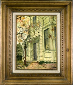 Green Victorian House with Autumn Leaves