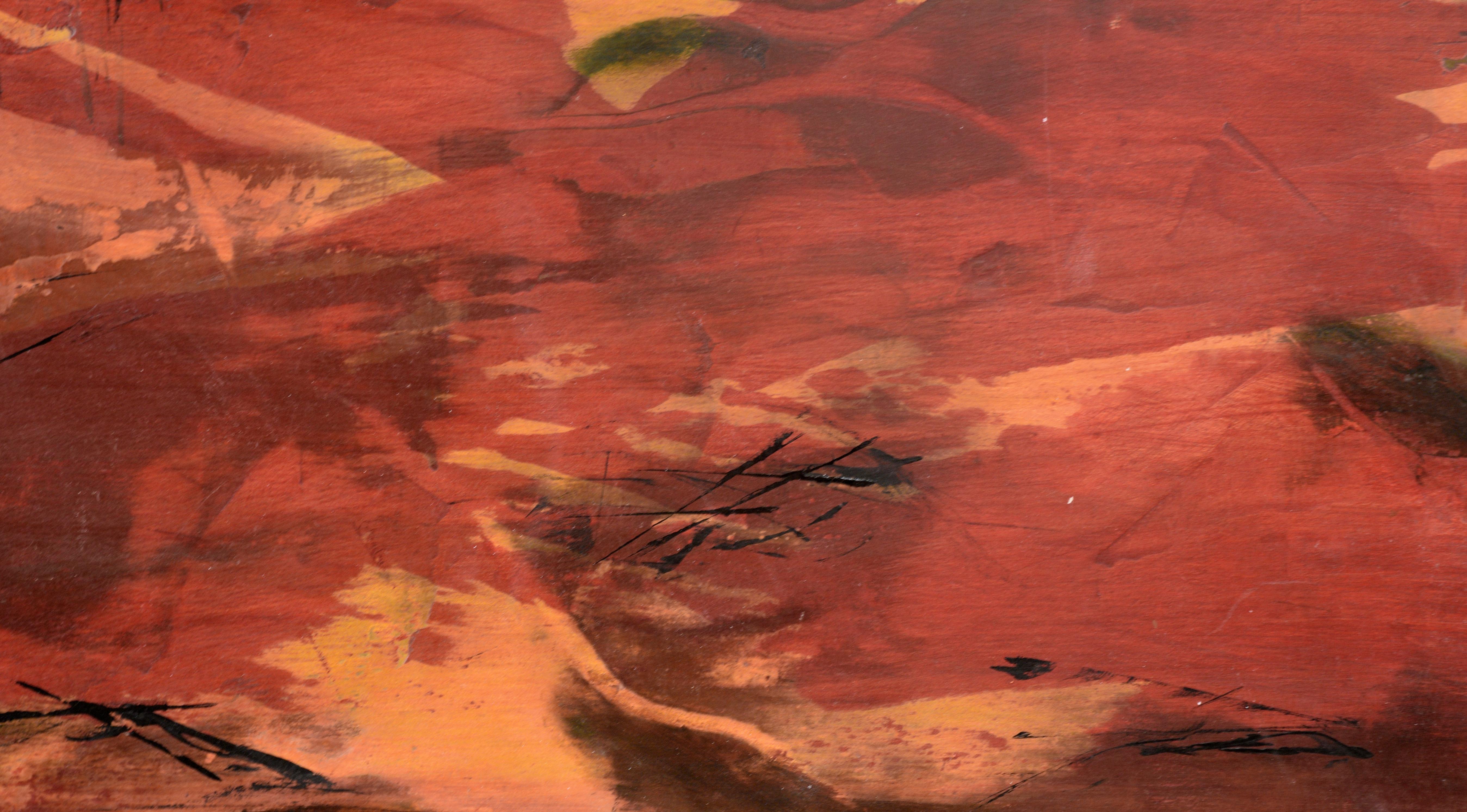 Markante abstrahierte Landschaft von Linda West (Amerikanerin, geb. 1953). Eine kühne rote Landschaft ist mit verkohlten Baumresten übersät. Der Himmel hat eine trübe blaugrüne Farbe, als wäre er mit Rauch und Asche bedeckt. Die Landschaft ist