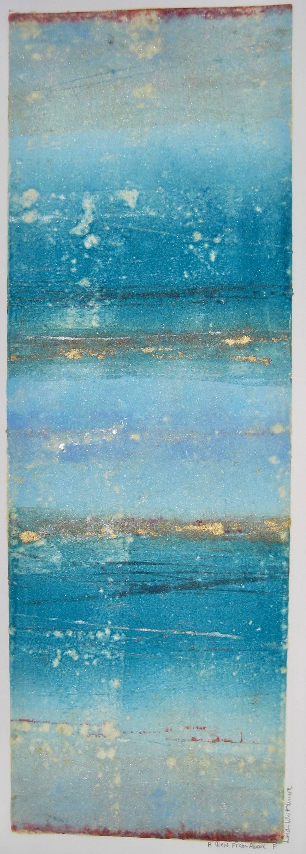 Cool turquoise and blues are streaked with colorful gold and red accents that  play across this beautiful abstract original work "Glassy Day II" by master print maker Linda Whittemore. This mixed media viscosity monotype displays all of the unique