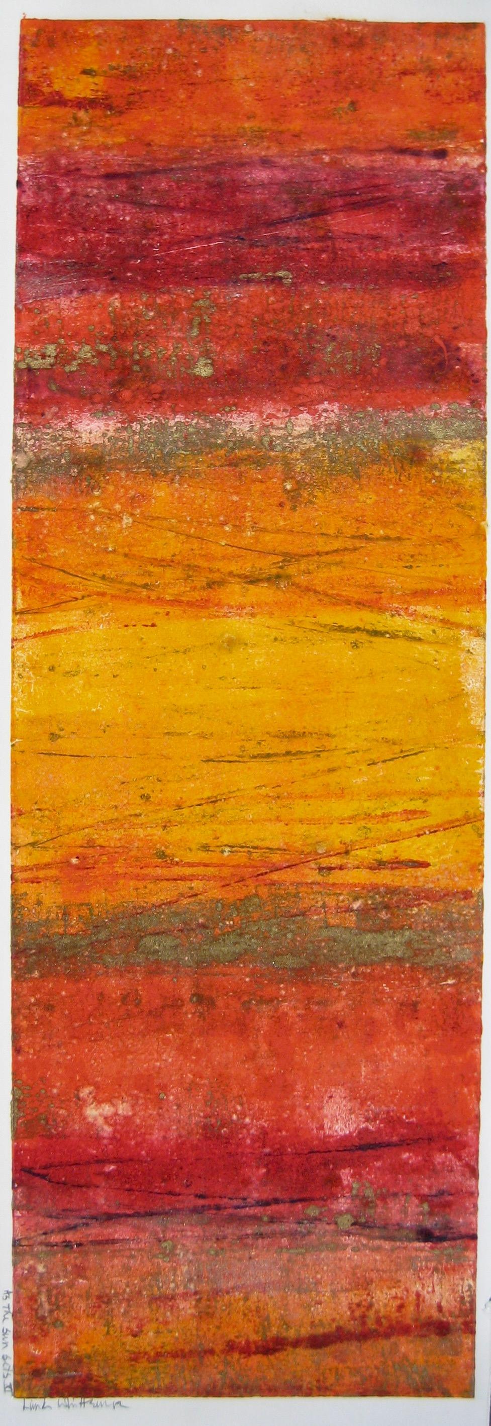 « As The Sun Sets » (Comme le soleil coule)  Techniques mixtes abstraites avec de riches rouges et ors de l'artiste Maui